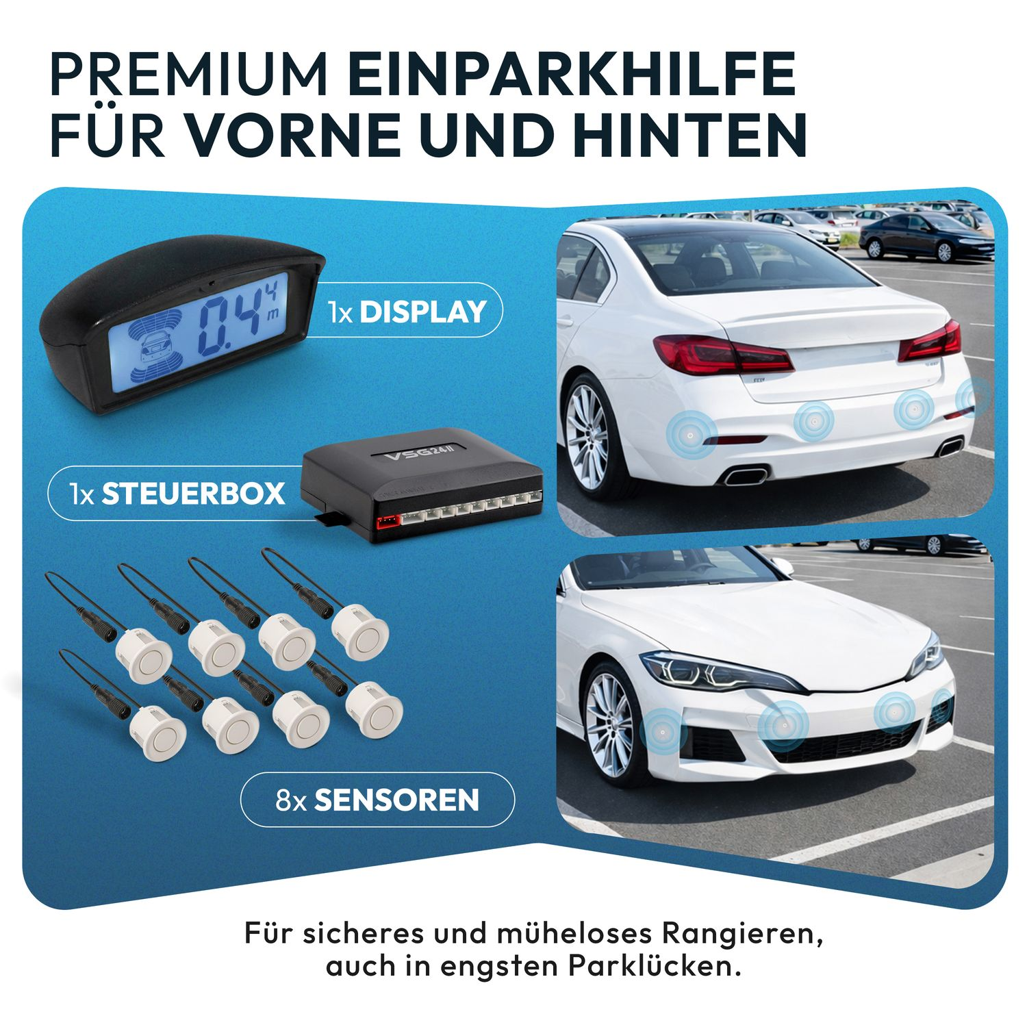 Parksensoren-Set: Display, Steuerbox, 8 Sensoren für vorne und hinten.