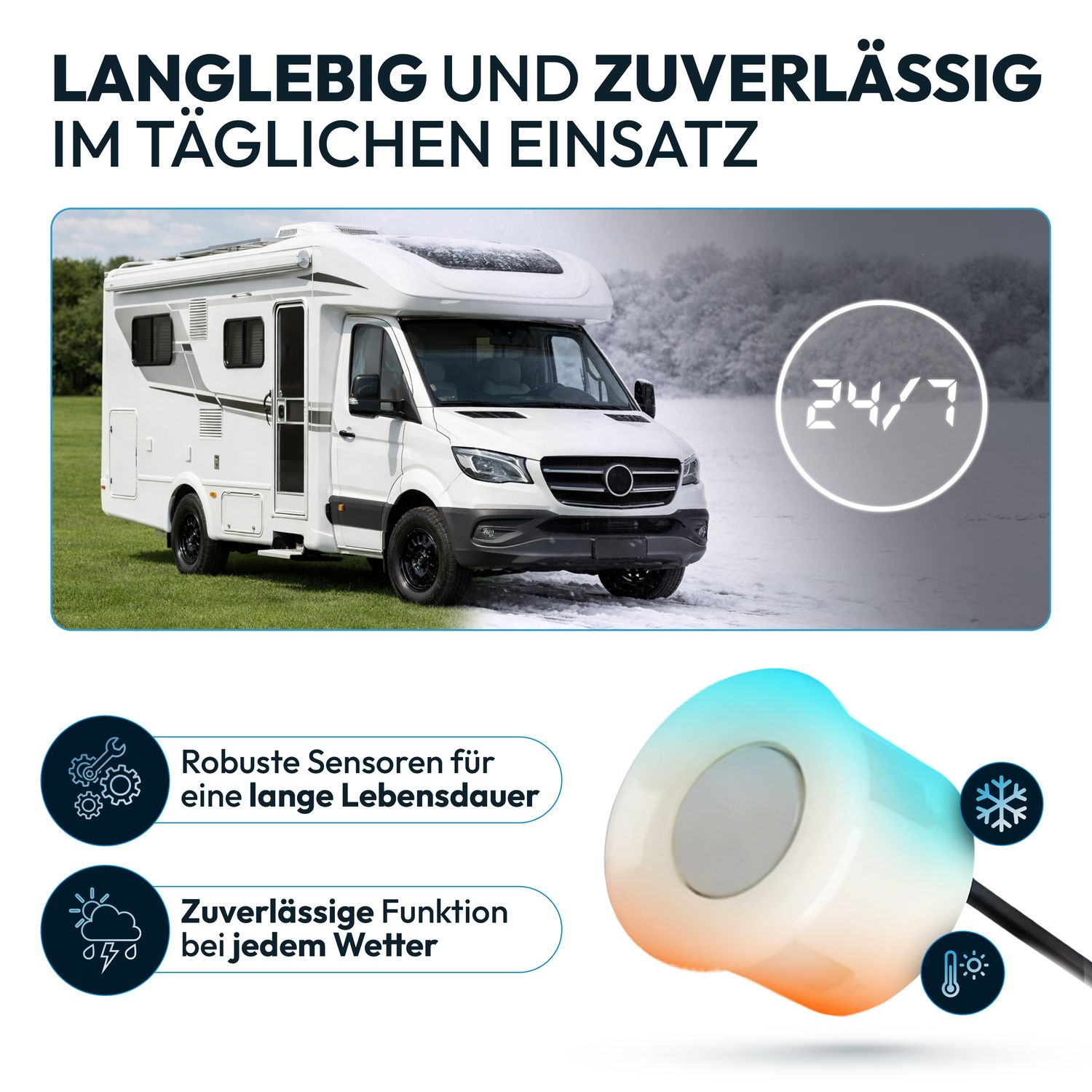 Wohnmobil im Einsatz bei jedem Wetter, mit robusten Sensoren.