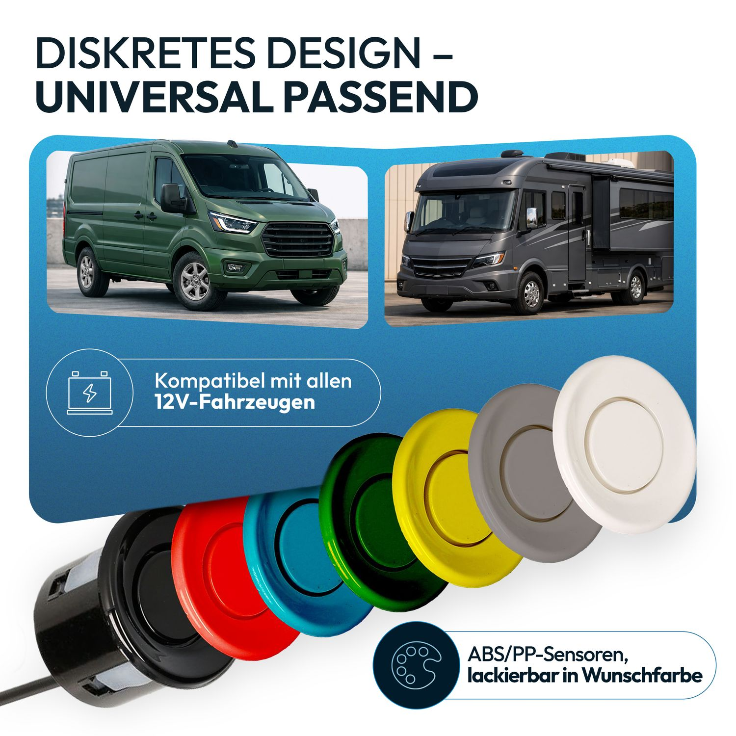 Ein grüner Transporter und ein grauer Wohnmobil. Sensoren in versch. Farben.