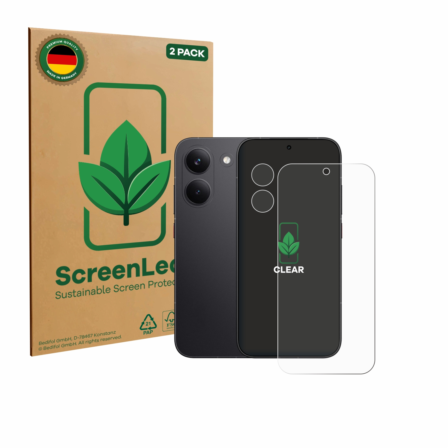 Ein Smartphone mit Displayschutzfolie und Verpackung, mit deutscher Flagge.