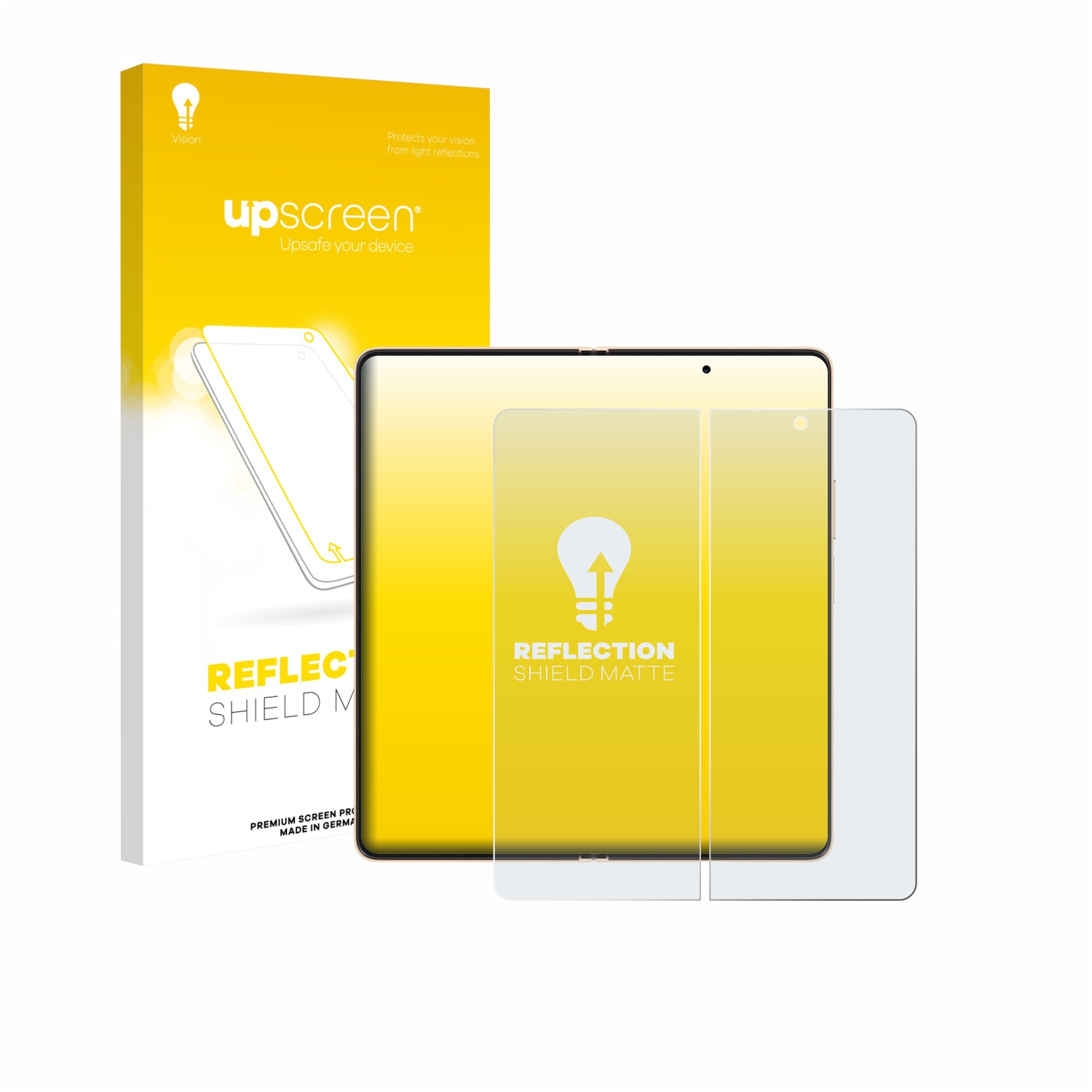 Verpackung und Displayschutzfolie für ein Tablet mit gelbem Aufdruck.