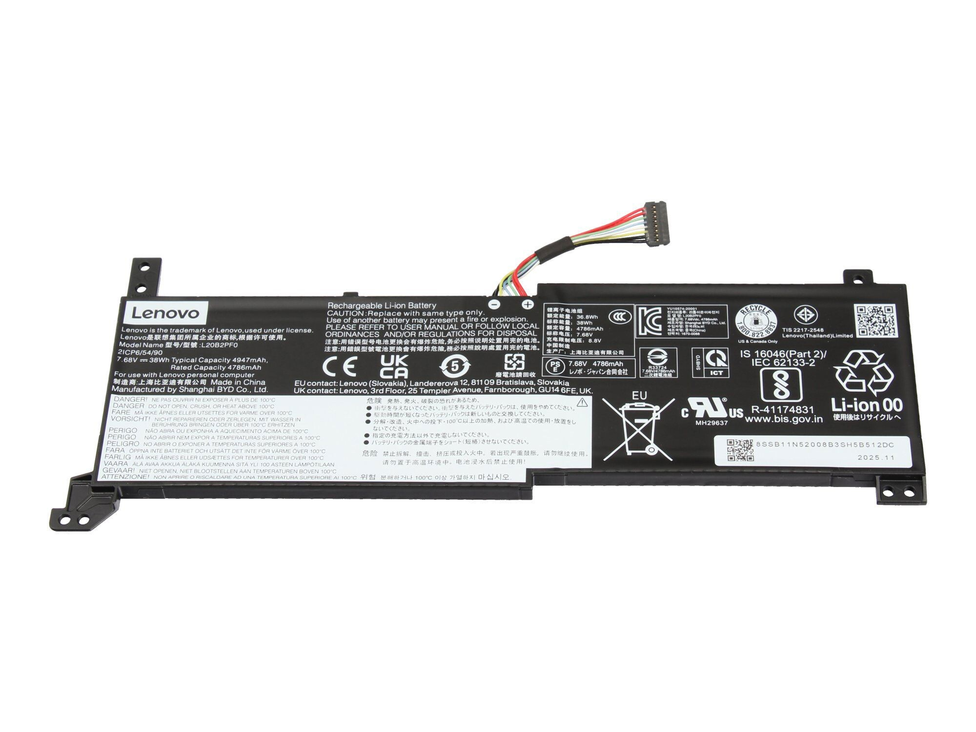 Lenovo Laptop Akku mit Kabeln. Enthält Warnhinweise und Zertifizierungen.