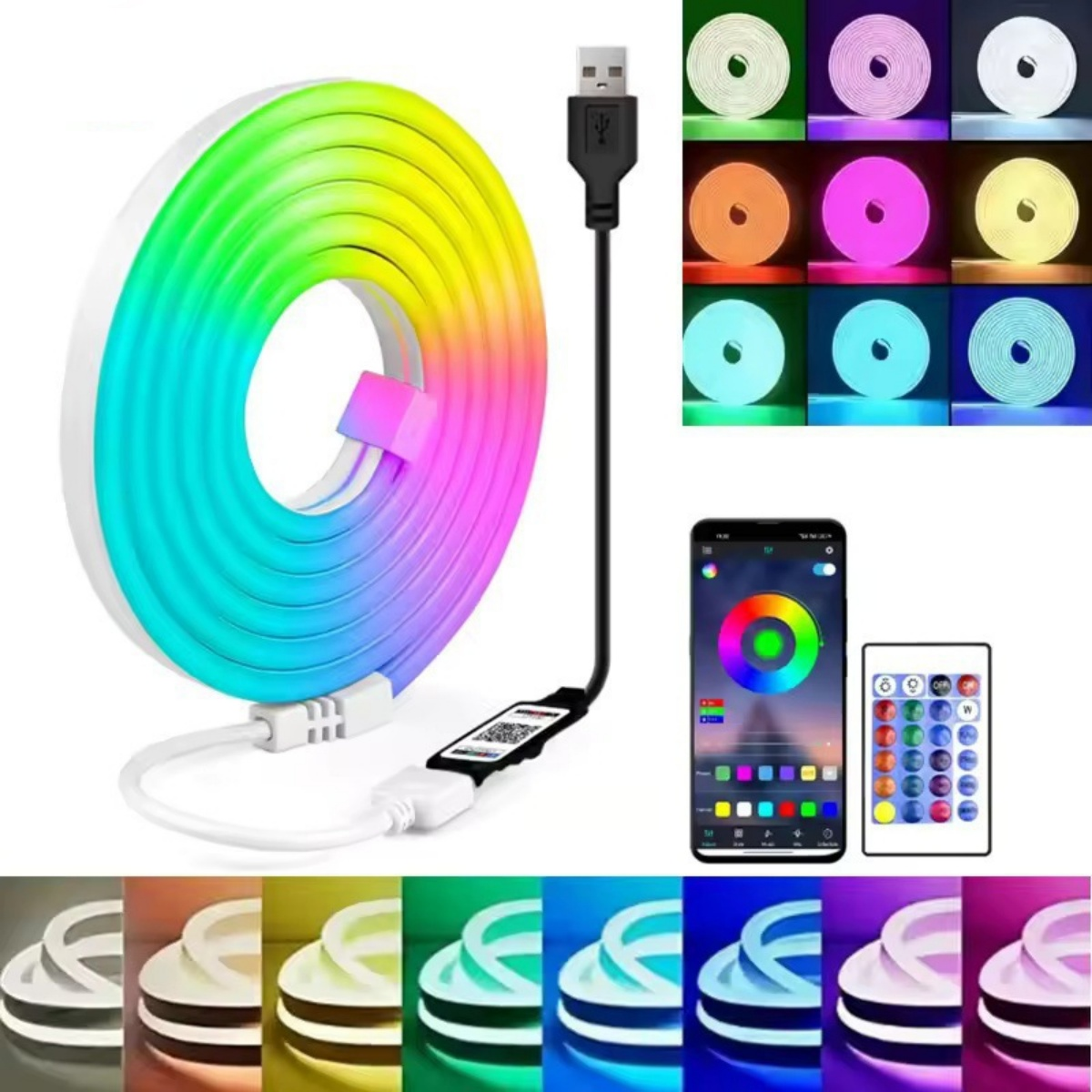 Ein mehrfarbiges LED-Streifenlicht mit USB-Anschluss, Fernbedienung und App-Steuerung.