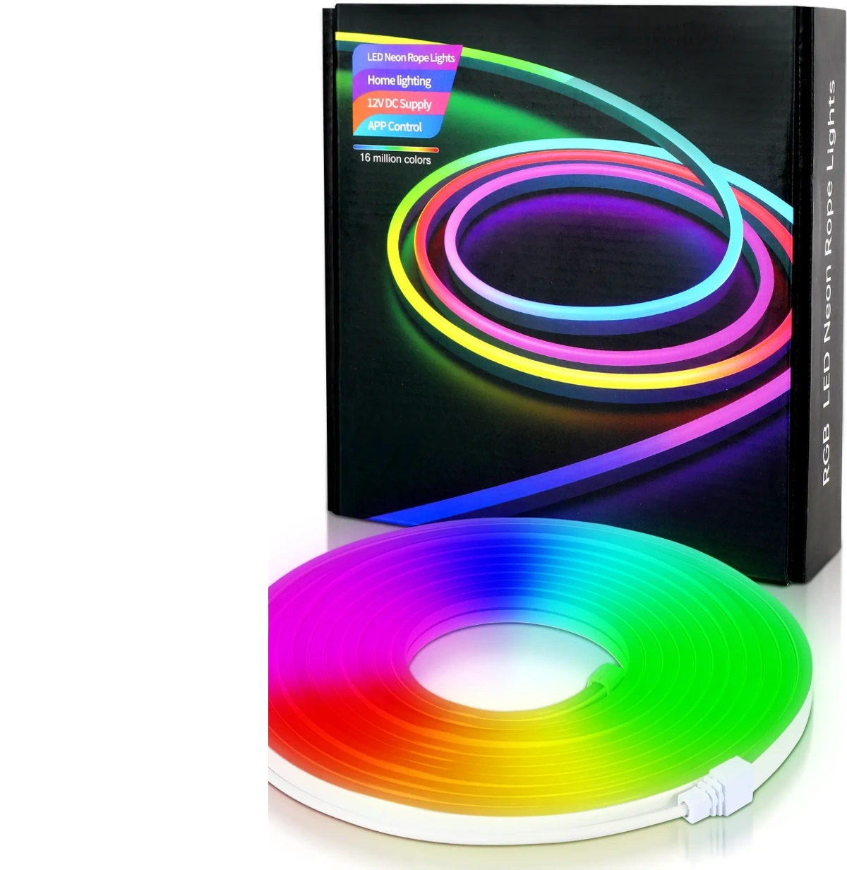 Ein bunter RGB LED-Seil, aufgerollt, mit Verpackung im Hintergrund.