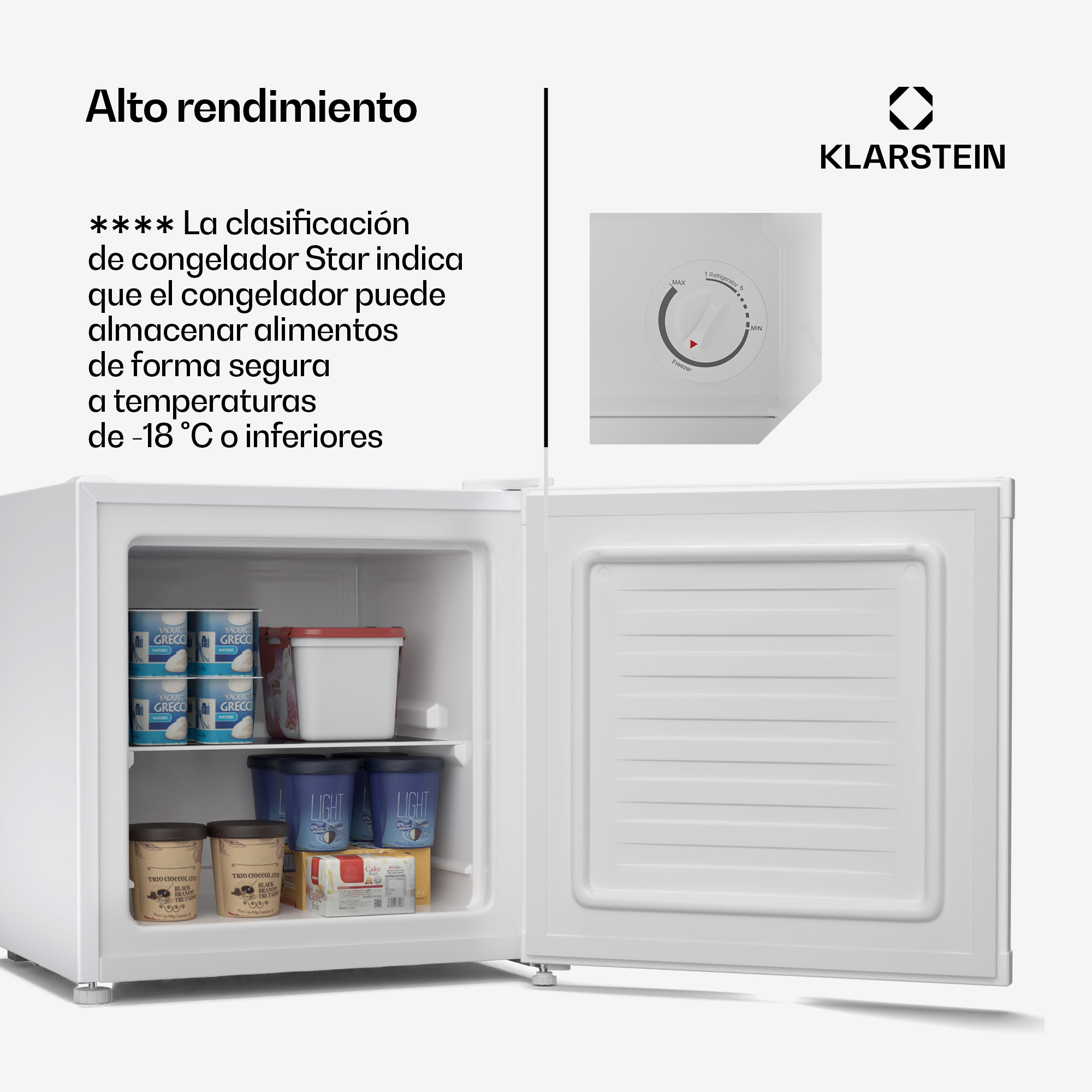 Un congelatore bianco con la porta aperta, riempito con contenitori di yogurt e gelato.