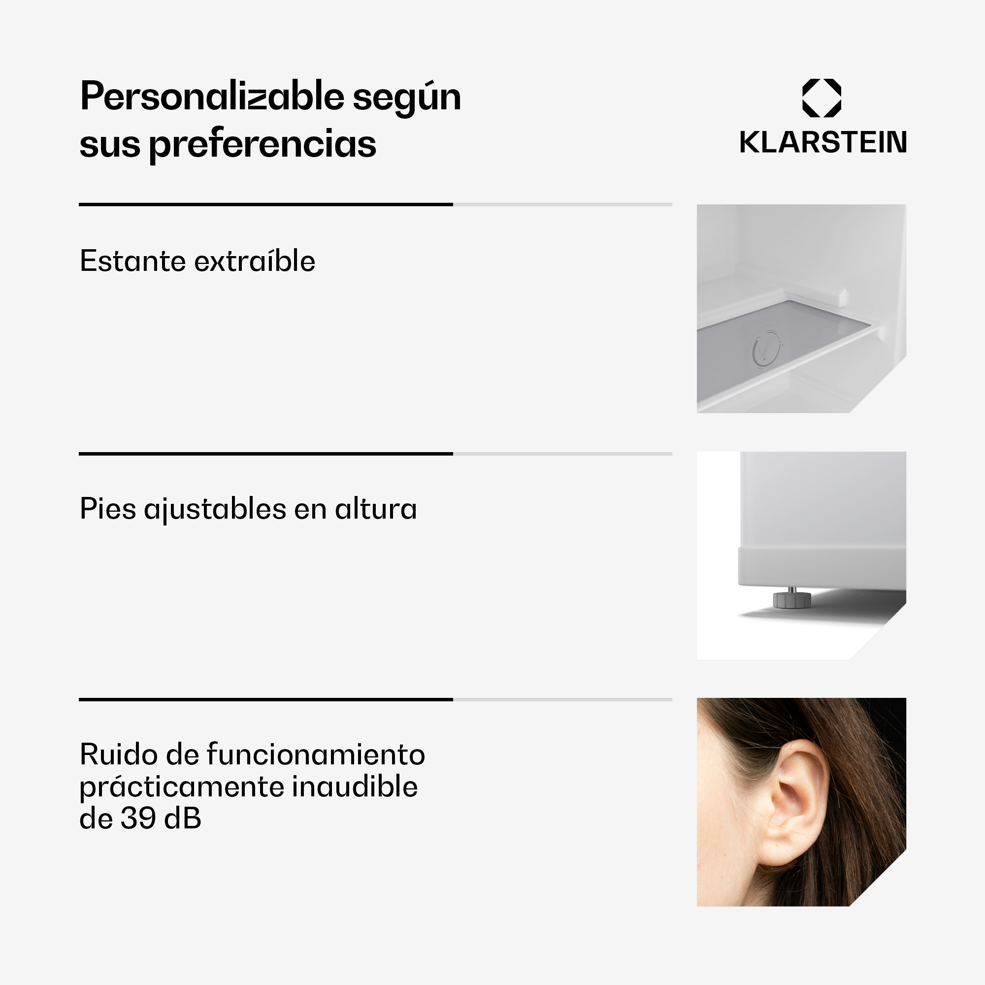 Logo Klarstein, ripiano, piedino regolabile, orecchio. Personalizzabile secondo preferenze.