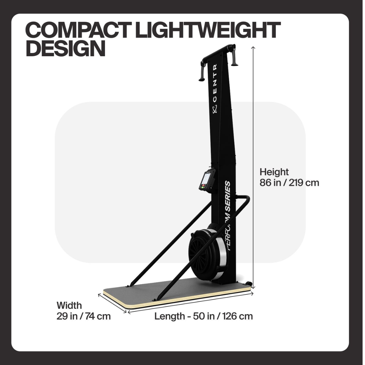 Black ski machine with digital display. Dimensions: H 86in, W 29in, L 50in.