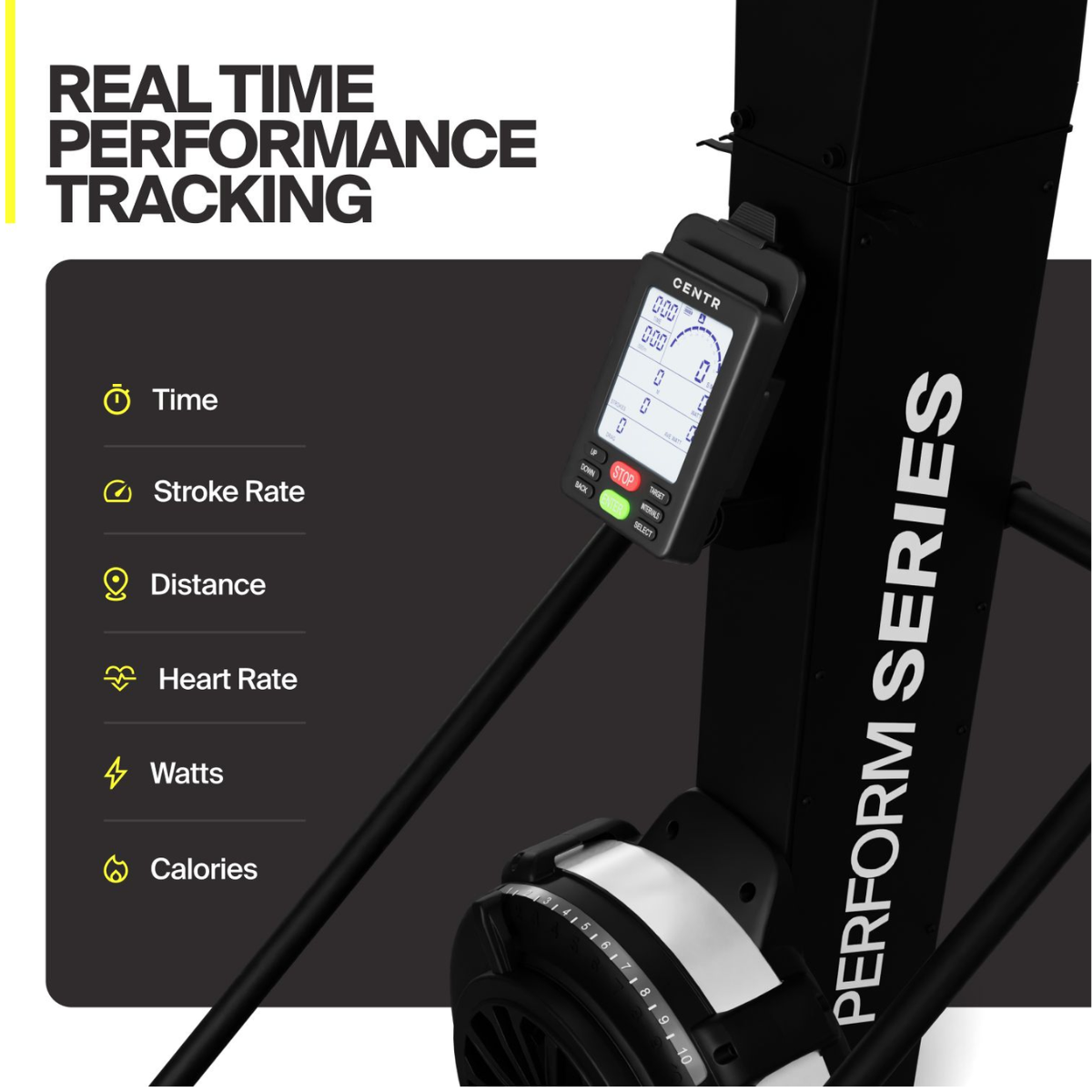 Rowing machine with a display showing time, stroke rate, distance, heart rate, watts, and calories.