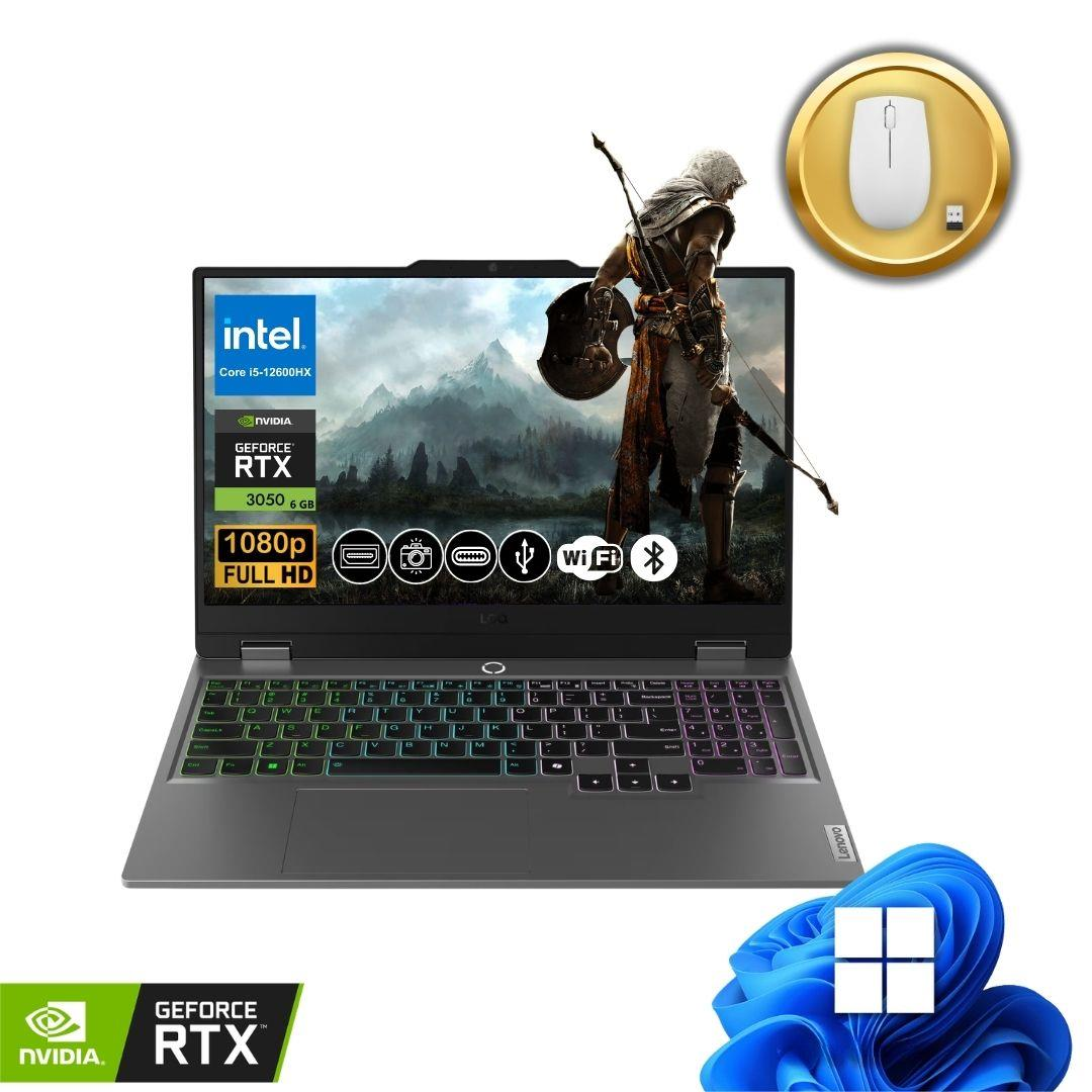 Intel Core i5, RTX 3050, 1080p ve fareli bir dizüstü bilgisayar.