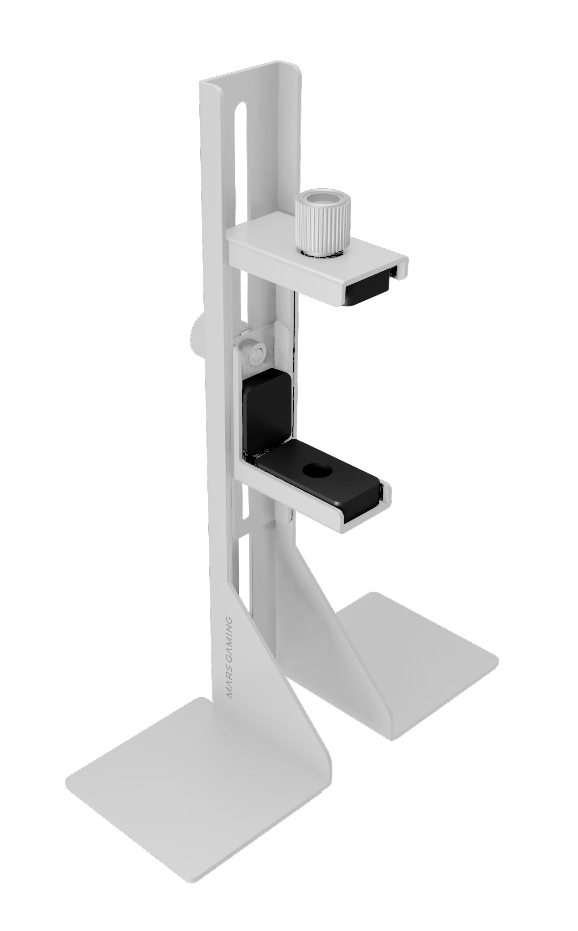 Soporte blanco ajustable con dos estantes y pomo moleteado. Texto: MARS GAMING.