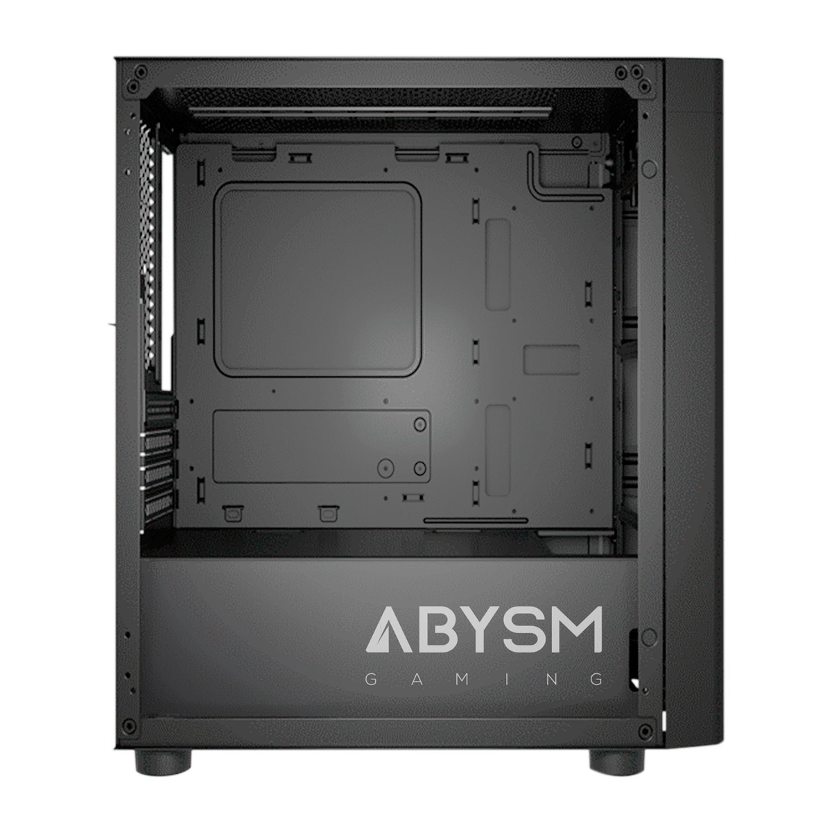 Un case PC nero con interno visibile e logo ABYSM GAMING.