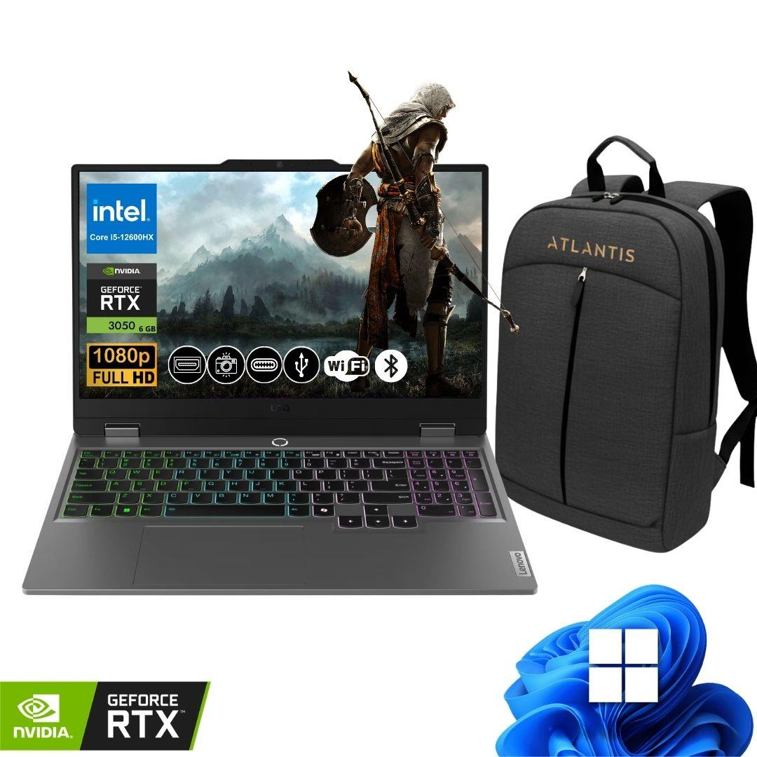 Intel Core i5, RTX 3050, arkadan aydınlatmalı klavyeli dizüstü bilgisayar, sırt çantasının yanında.