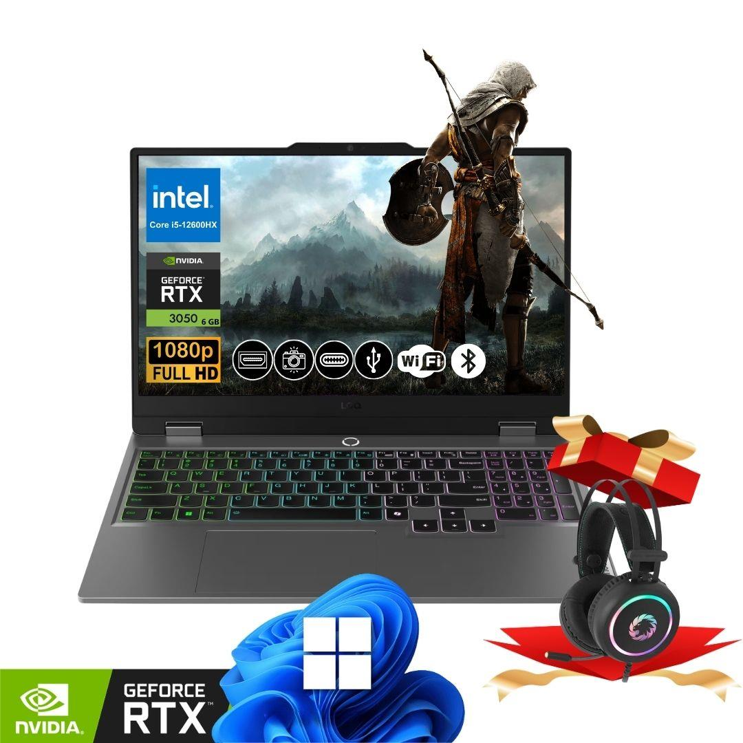 Intel Core i5, NVIDIA RTX 3050, 1080p Full HD, kulaklık ve hediye içeren dizüstü bilgisayar.