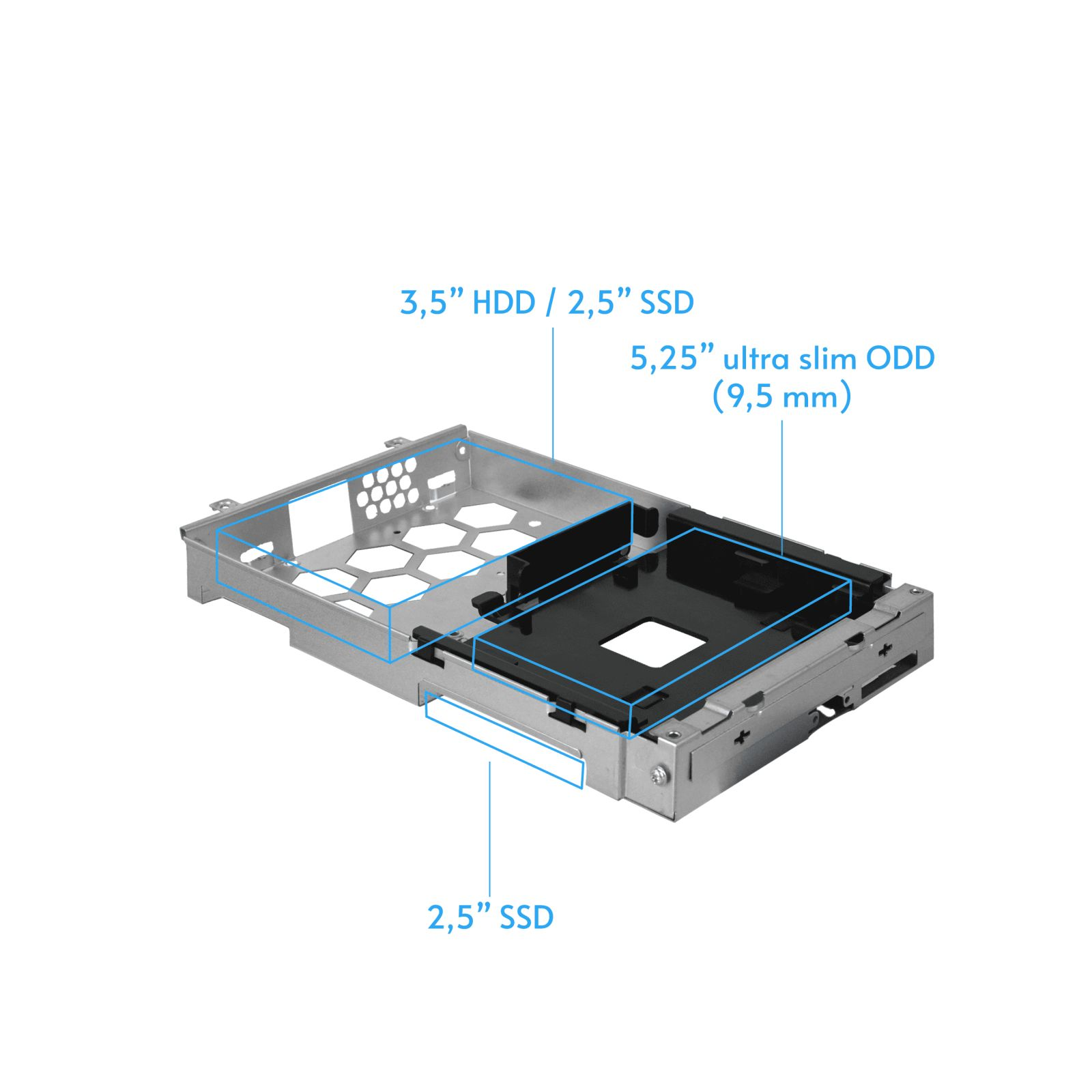 Un telaio metallico argentato con etichette per HDD/SSD da 3,5", SSD da 2,5" e ODD da 5,25".
