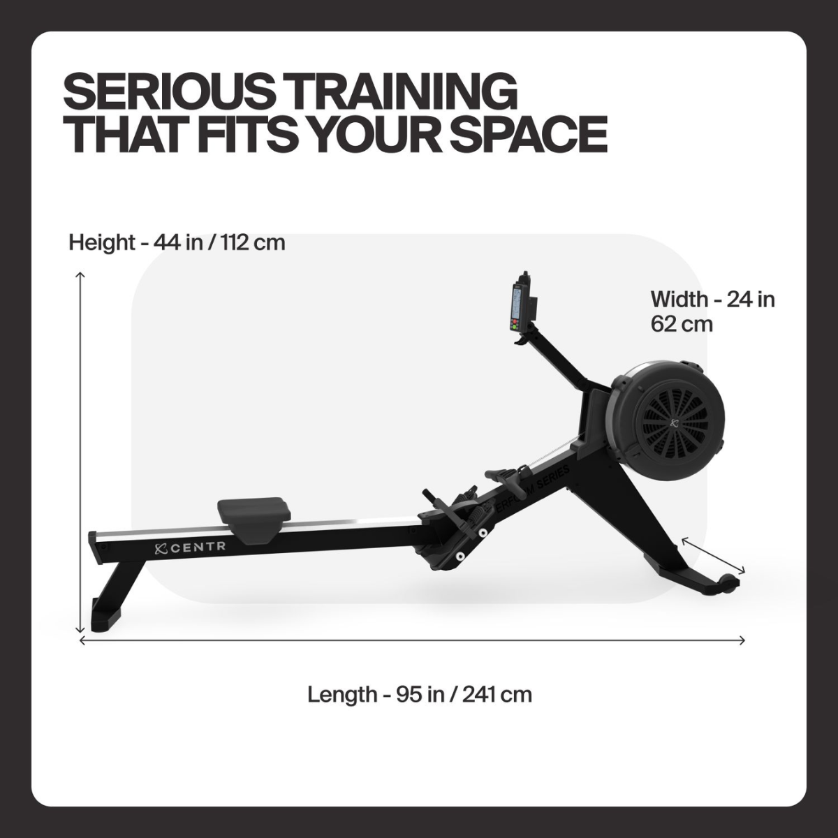 Black rowing machine with dimensions: H 44 in, W 24 in, L 95 in.