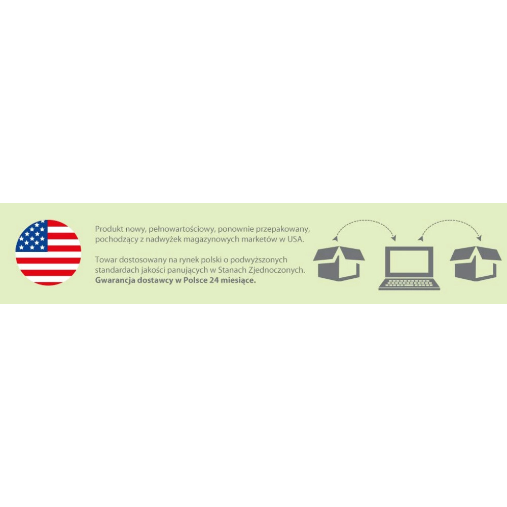 Flaga USA, tekst o nowych, przepakowanych produktach z nadwyżek USA.