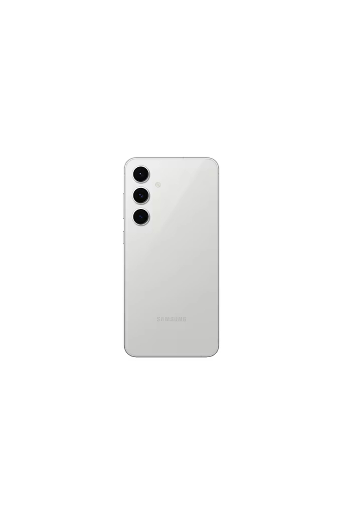 Üç kameralı beyaz Samsung akıllı telefonun arkası.