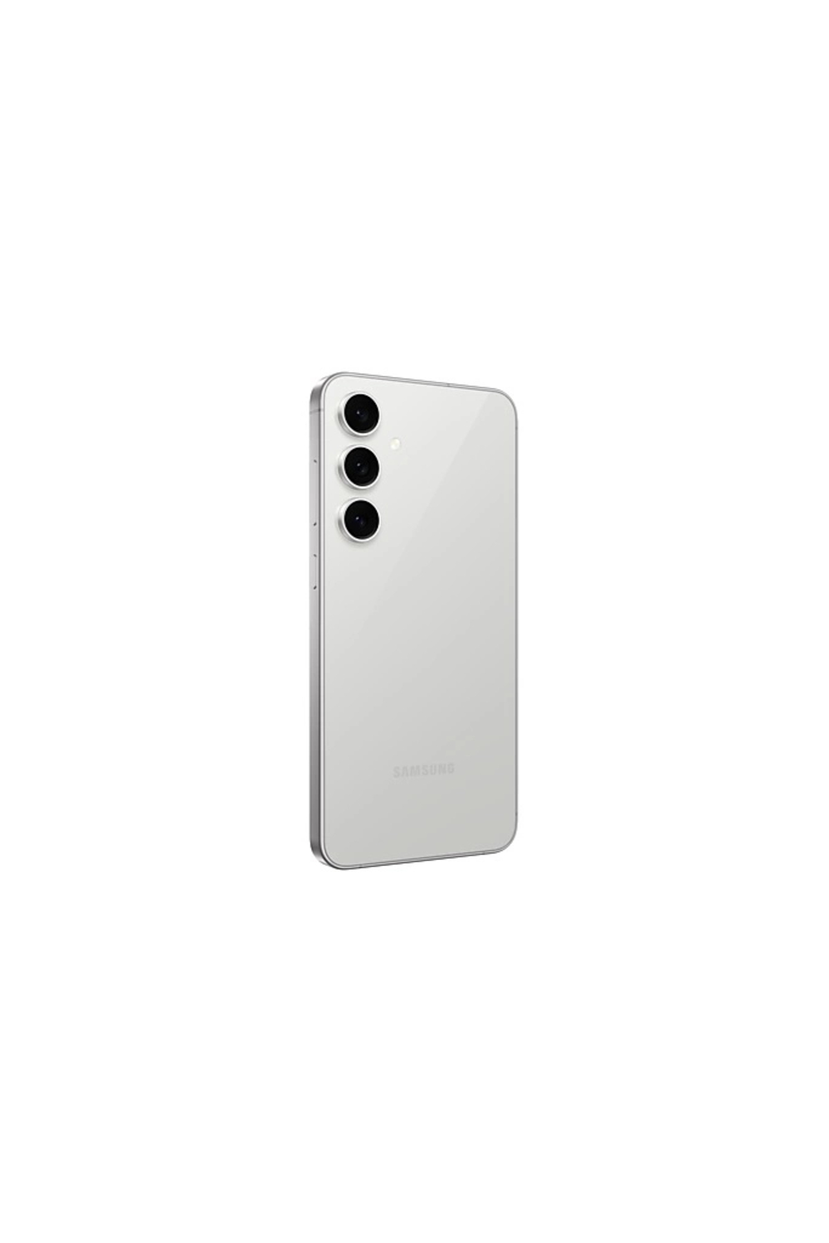 Üç kamera lensli beyaz Samsung akıllı telefonun arka görünümü.