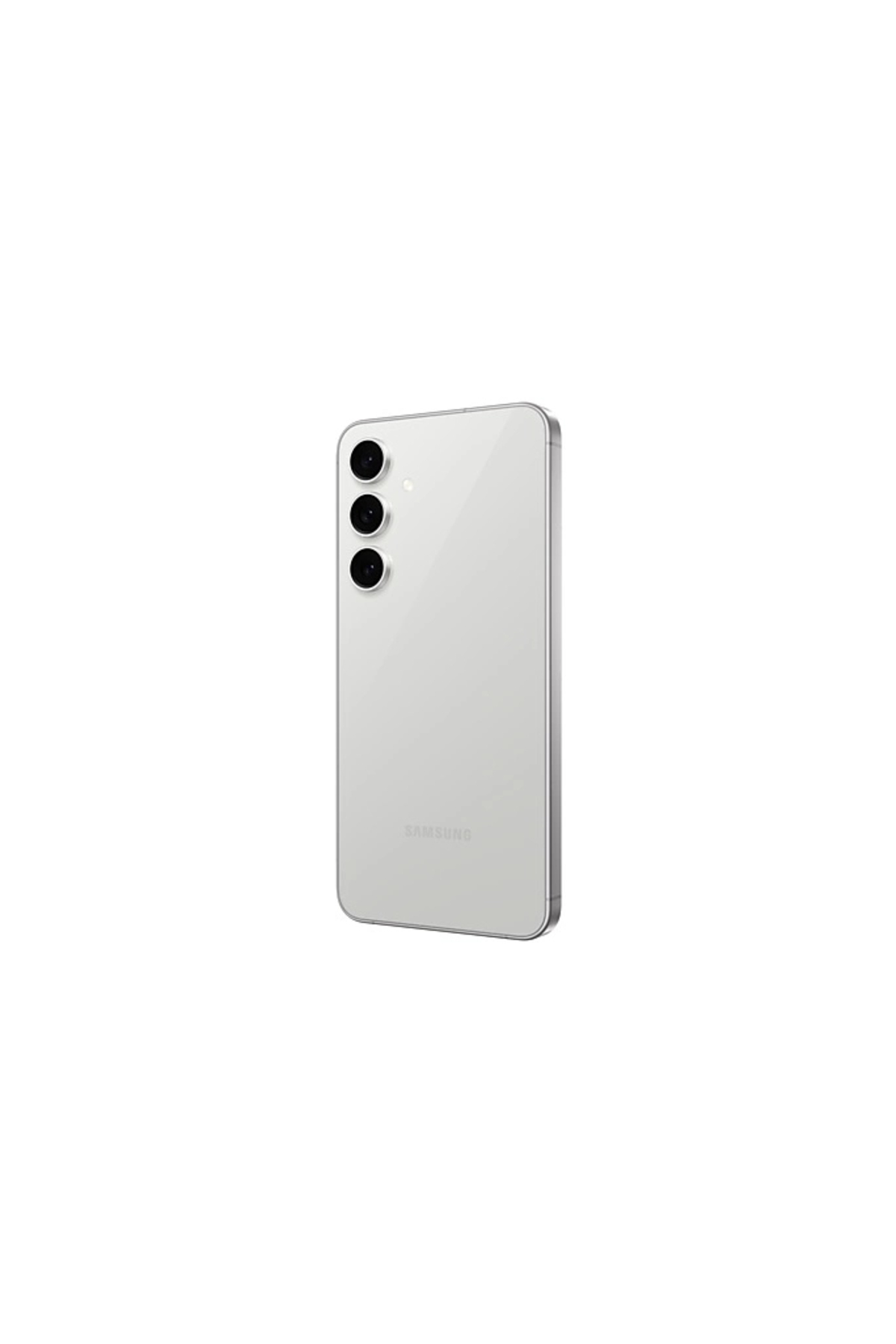 Üç kameralı beyaz Samsung akıllı telefonun arkası, gümüş çerçeveli.