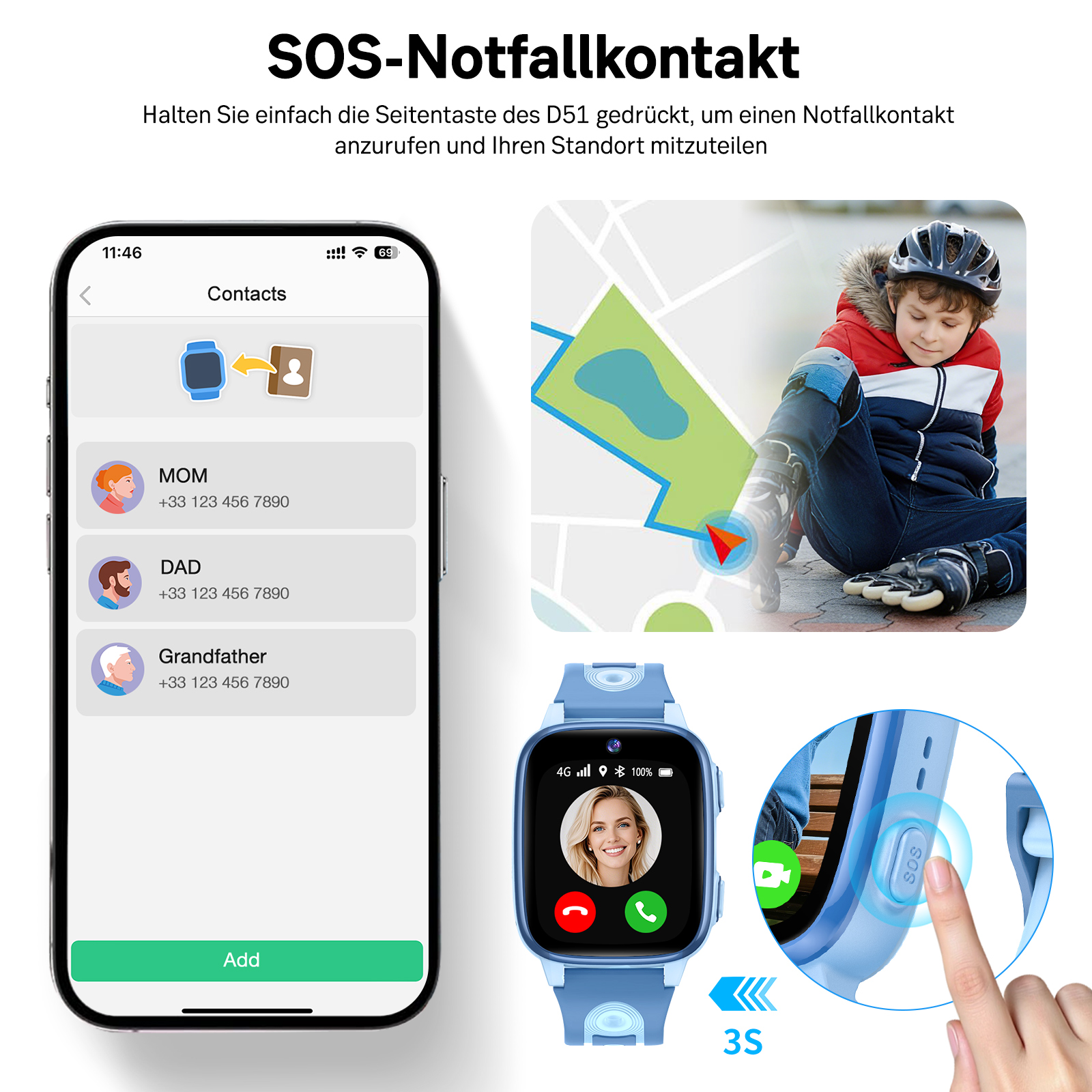 Smartwatch mit Kontakten, Karte und Kind. SOS-Funktion wird gezeigt.