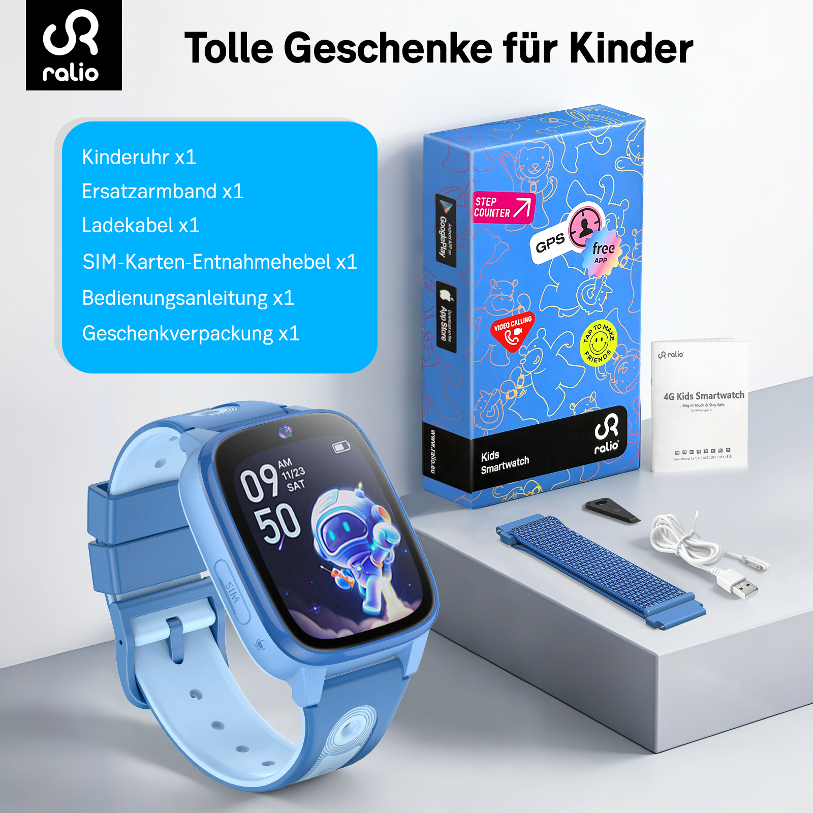 Blaue Kinder-Smartwatch mit Zubehör, Ladekabel und Verpackung.