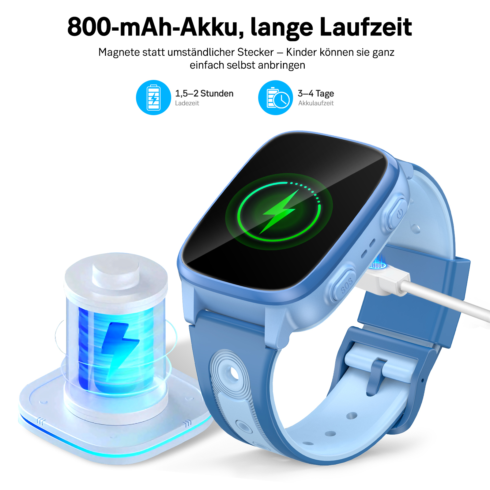 Blaues Kinder-Smartwatch lädt über Magnetdock. Akku 800mAh, Ladezeit 1,5-2h, Laufzeit 3-4 Tage.