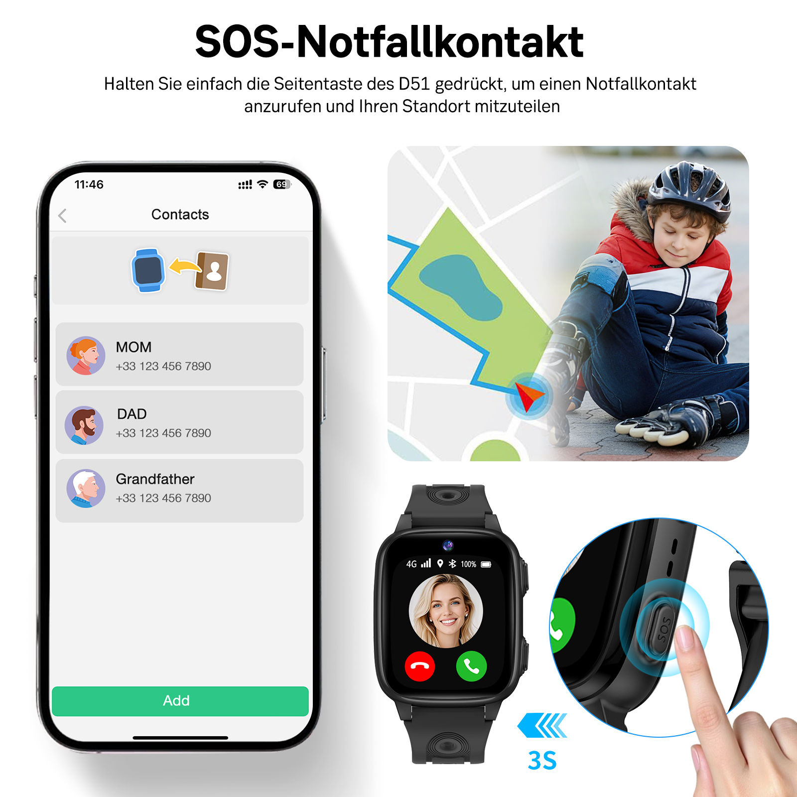 Smartwatch-Display zeigt Kontakte, Karte mit Kind, und SOS-Taste.