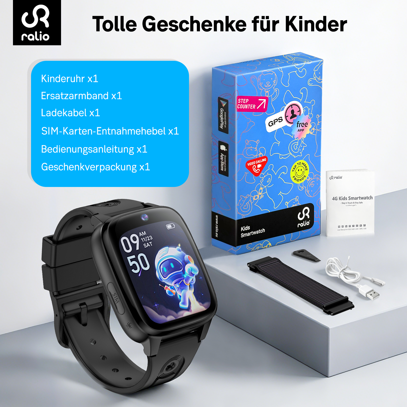 Kinder-Smartwatch-Set mit Uhr, Ersatzarmband, Ladekabel und Anleitung.