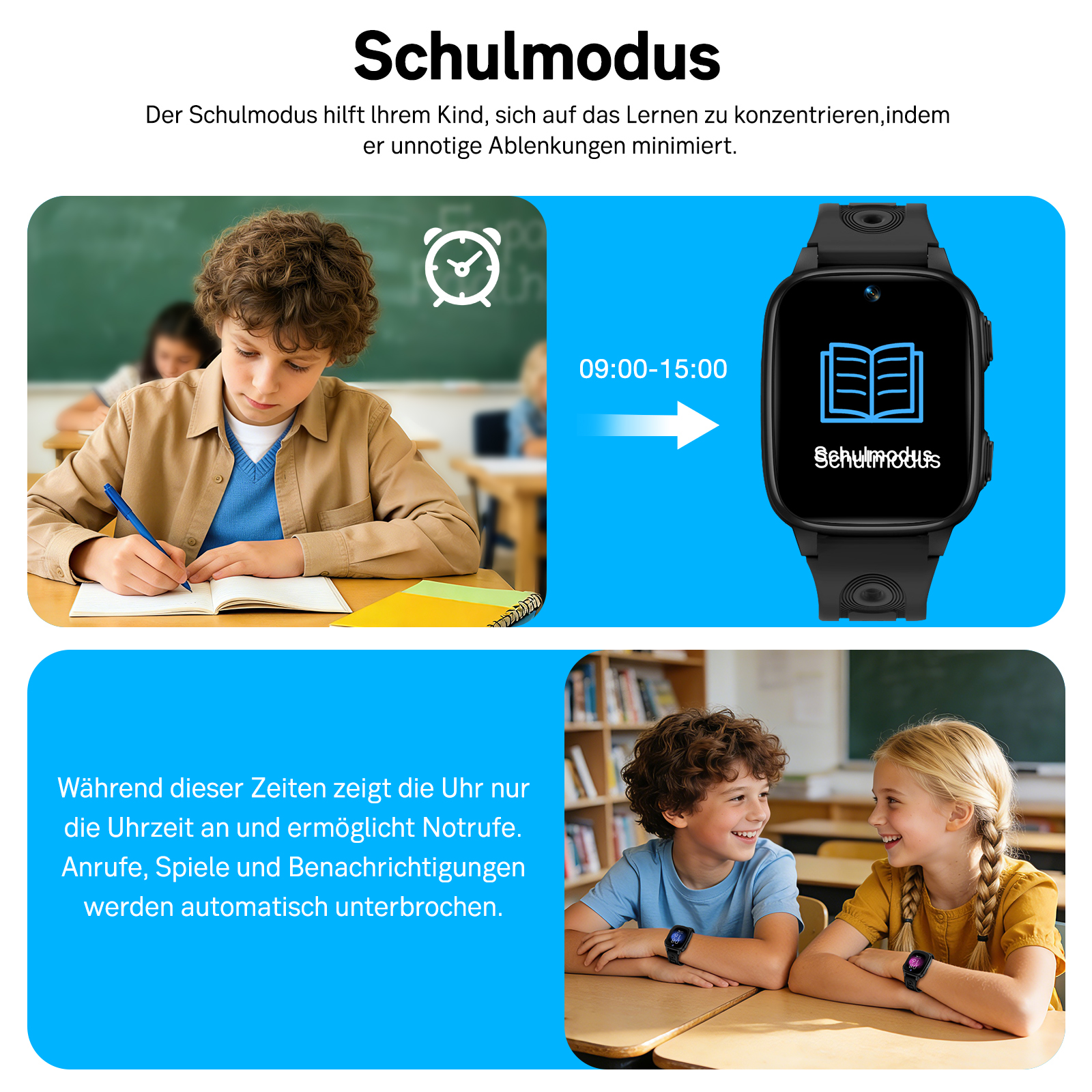Junge schreibt im Klassenzimmer, Smartwatch zeigt Schulmodus an.
