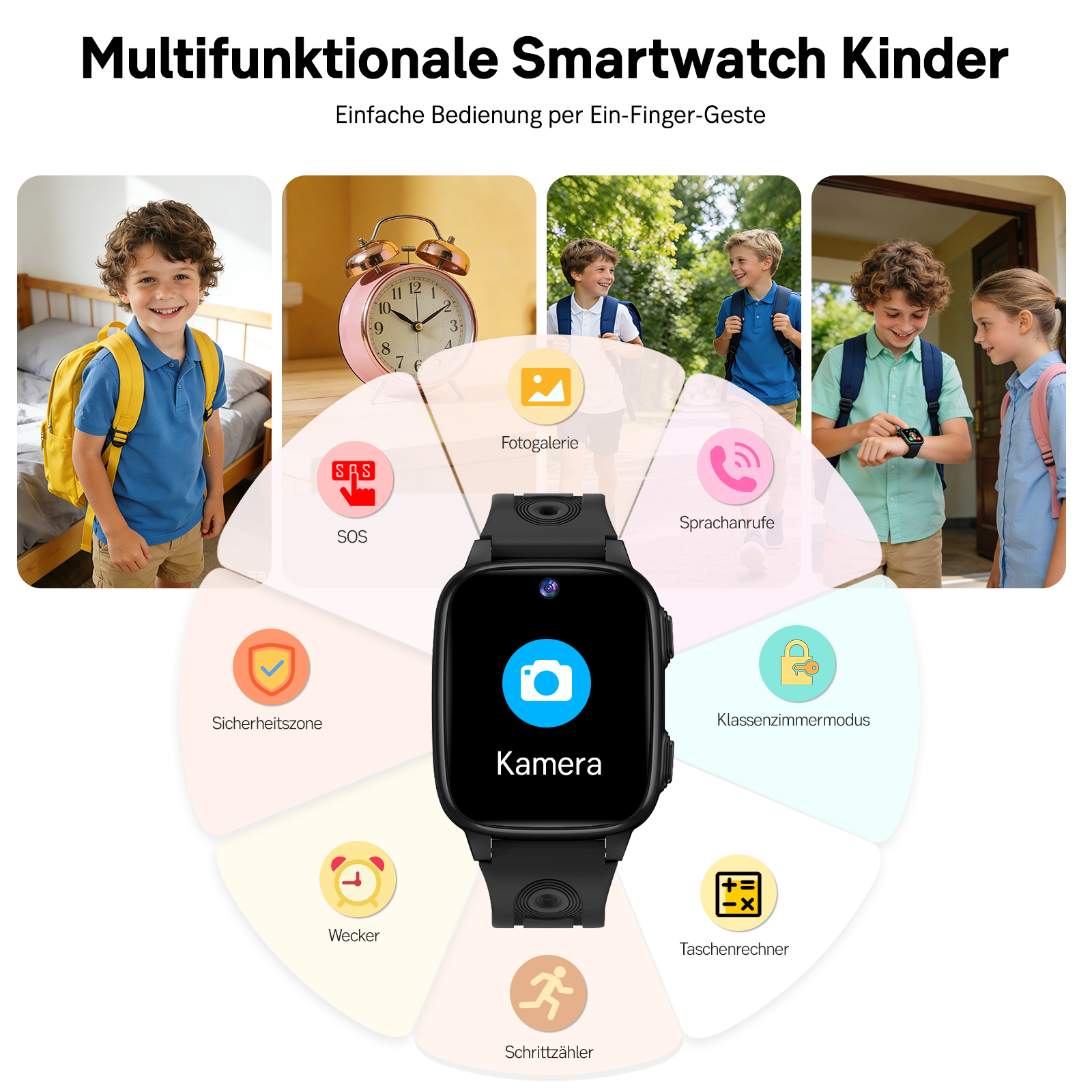 Multifunktionale Smartwatch für Kinder mit vielen Funktionen wie Kamera und SOS.