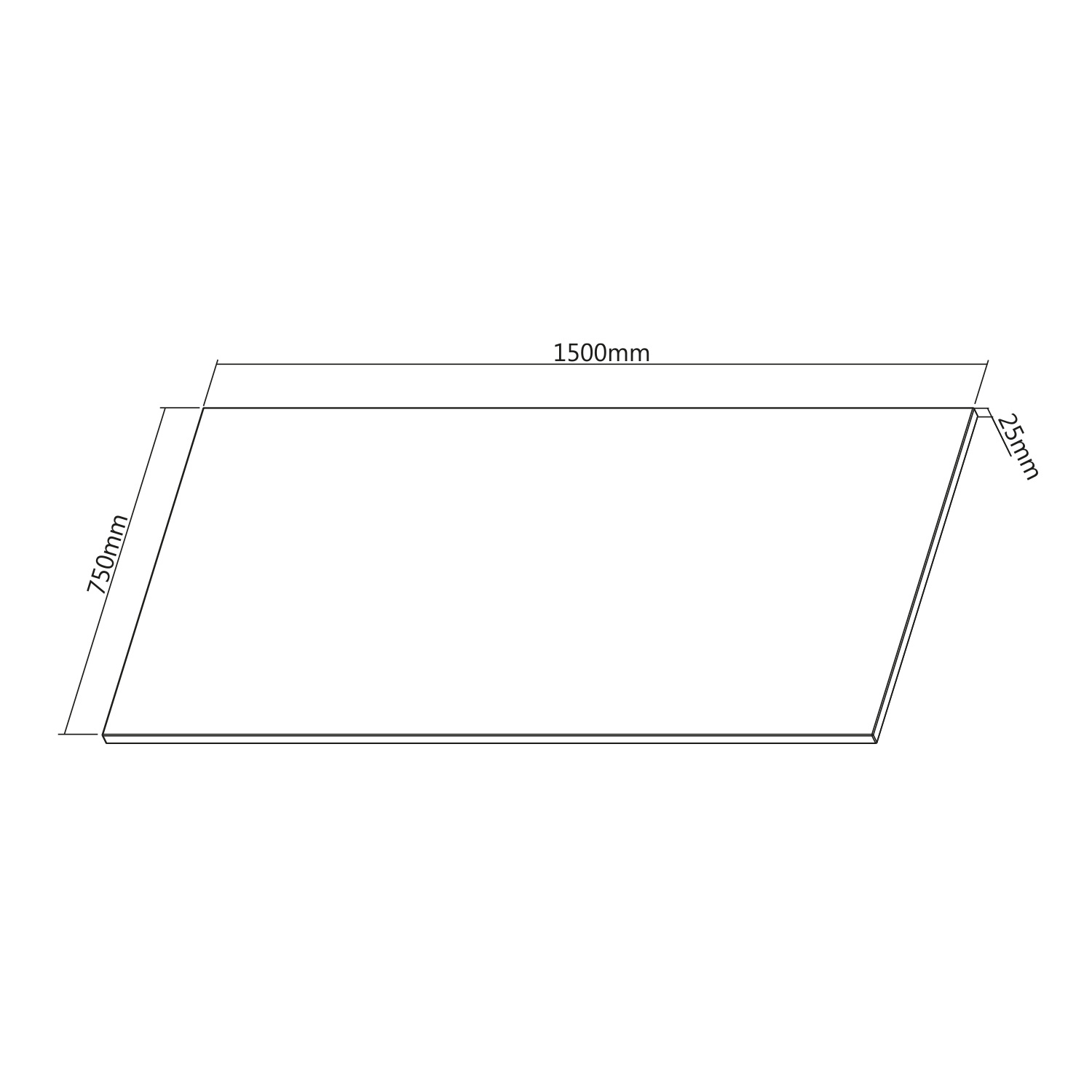 Dibujo técnico de un panel: 1500mm x 750mm x 25mm.