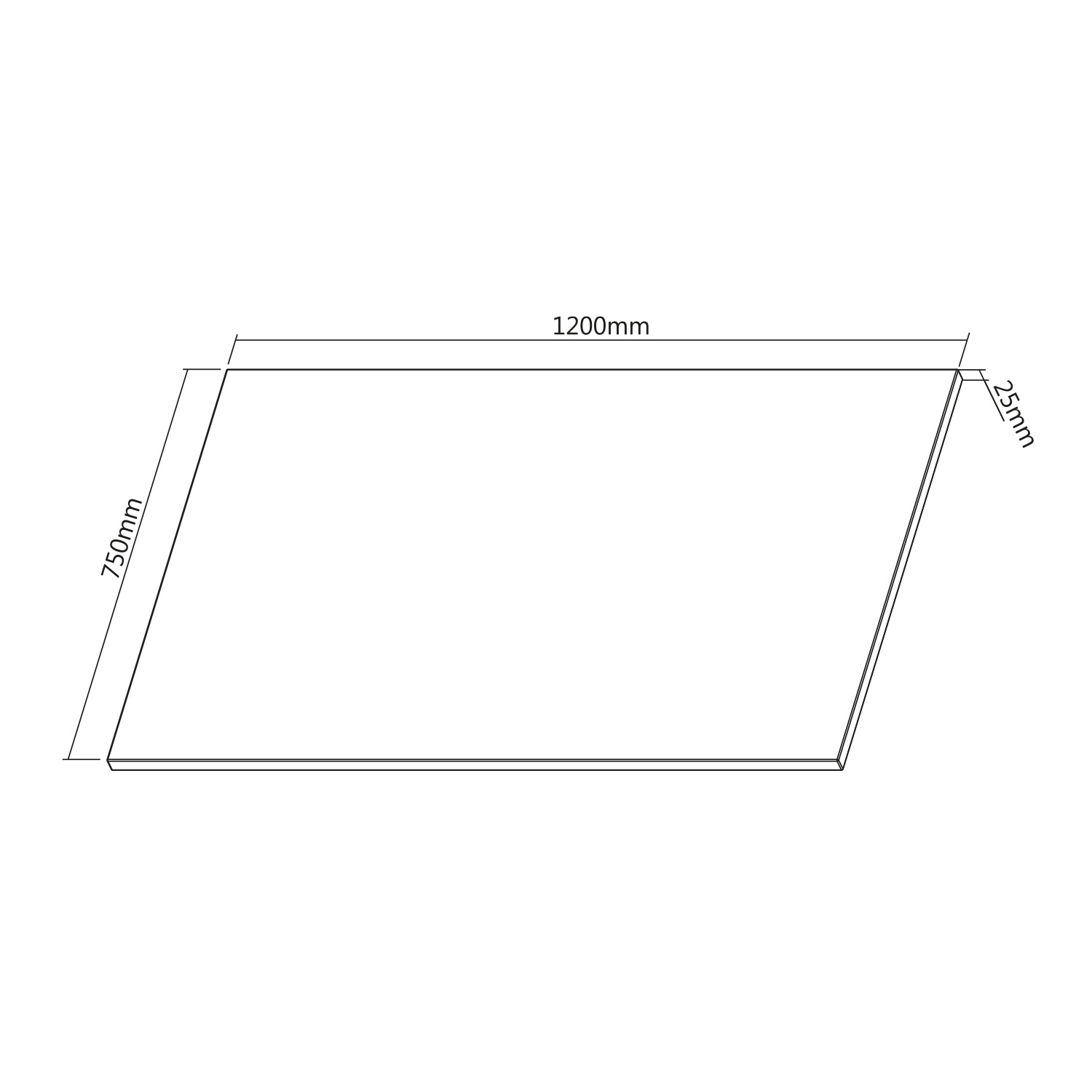 Disegno tecnico di un pannello: 1200mm x 750mm, spessore 25mm.