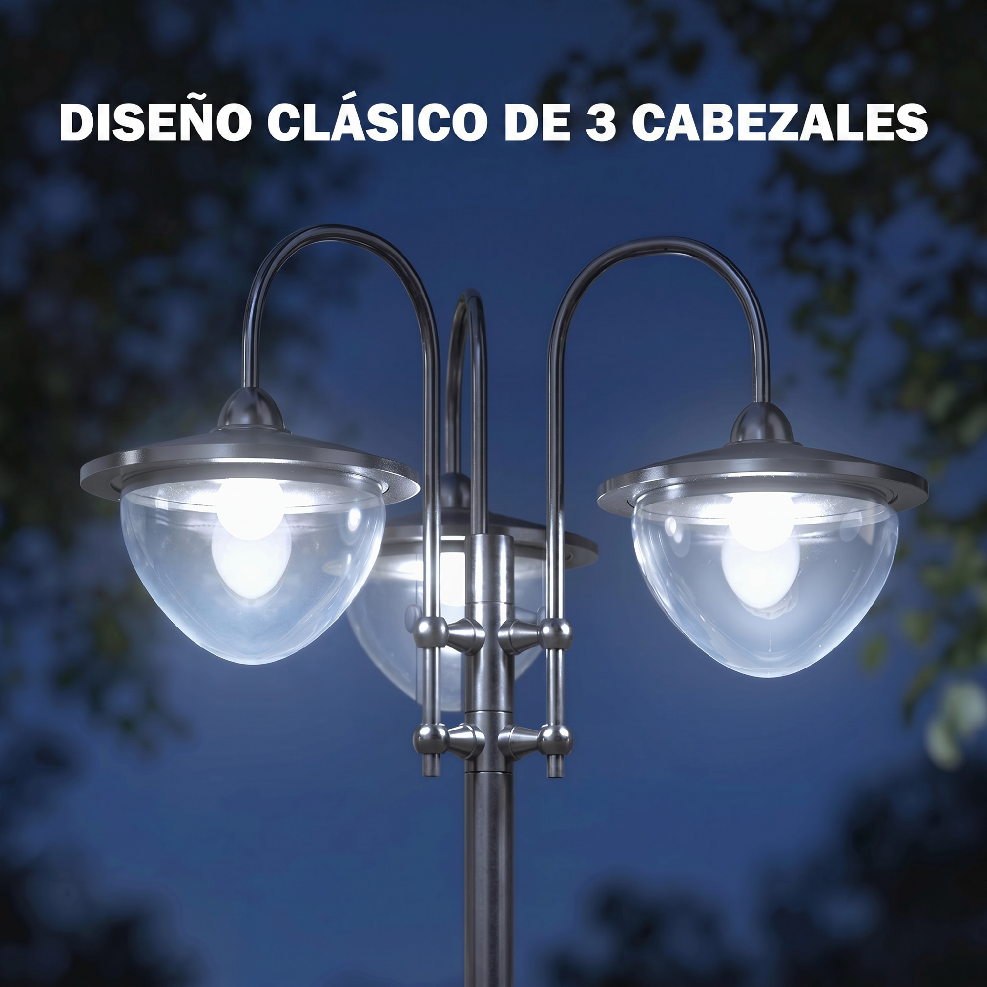 Un poste de luz con tres faroles clásicos por la noche.