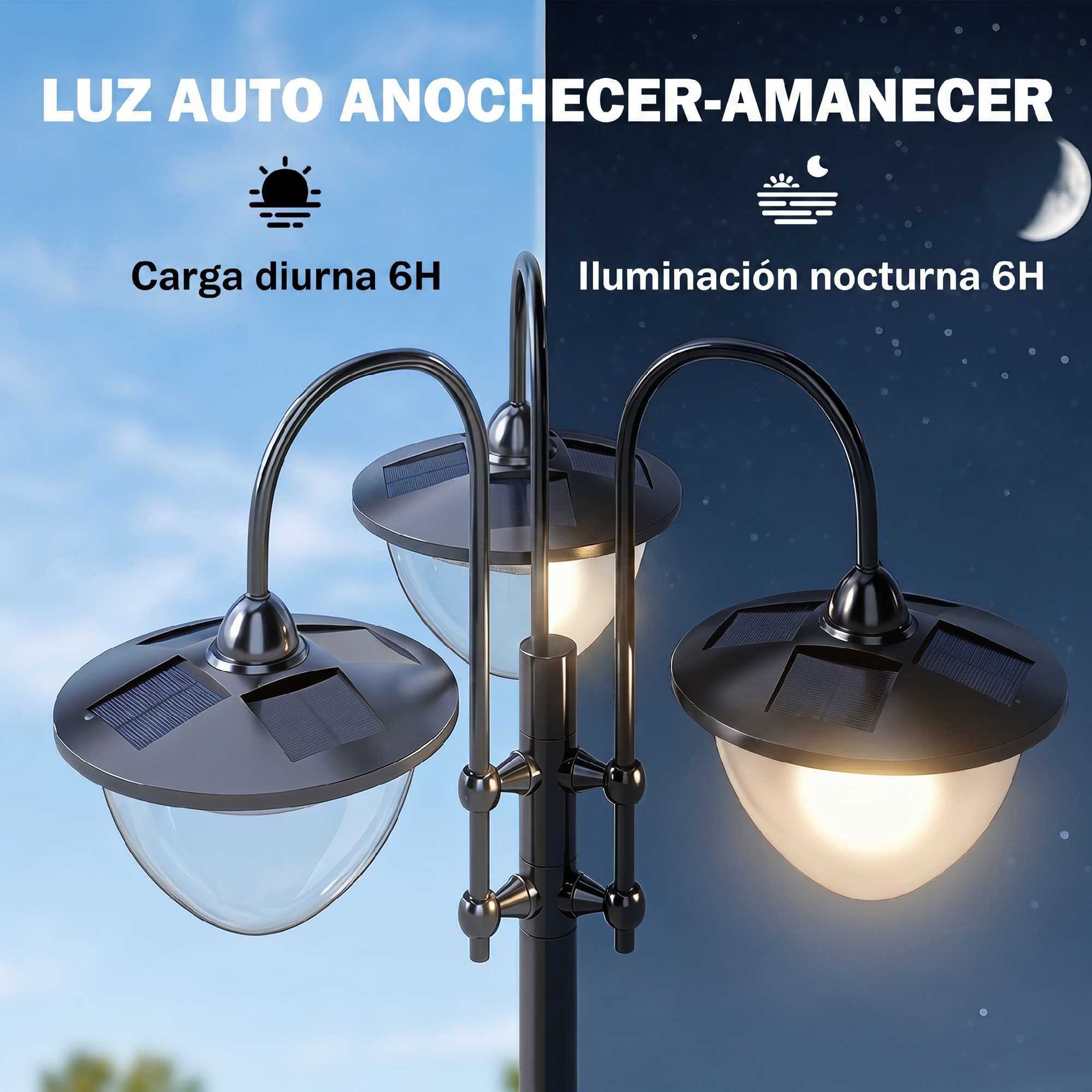Lámpara solar de tres luces, modo día y noche. Carga de día, ilumina de noche.