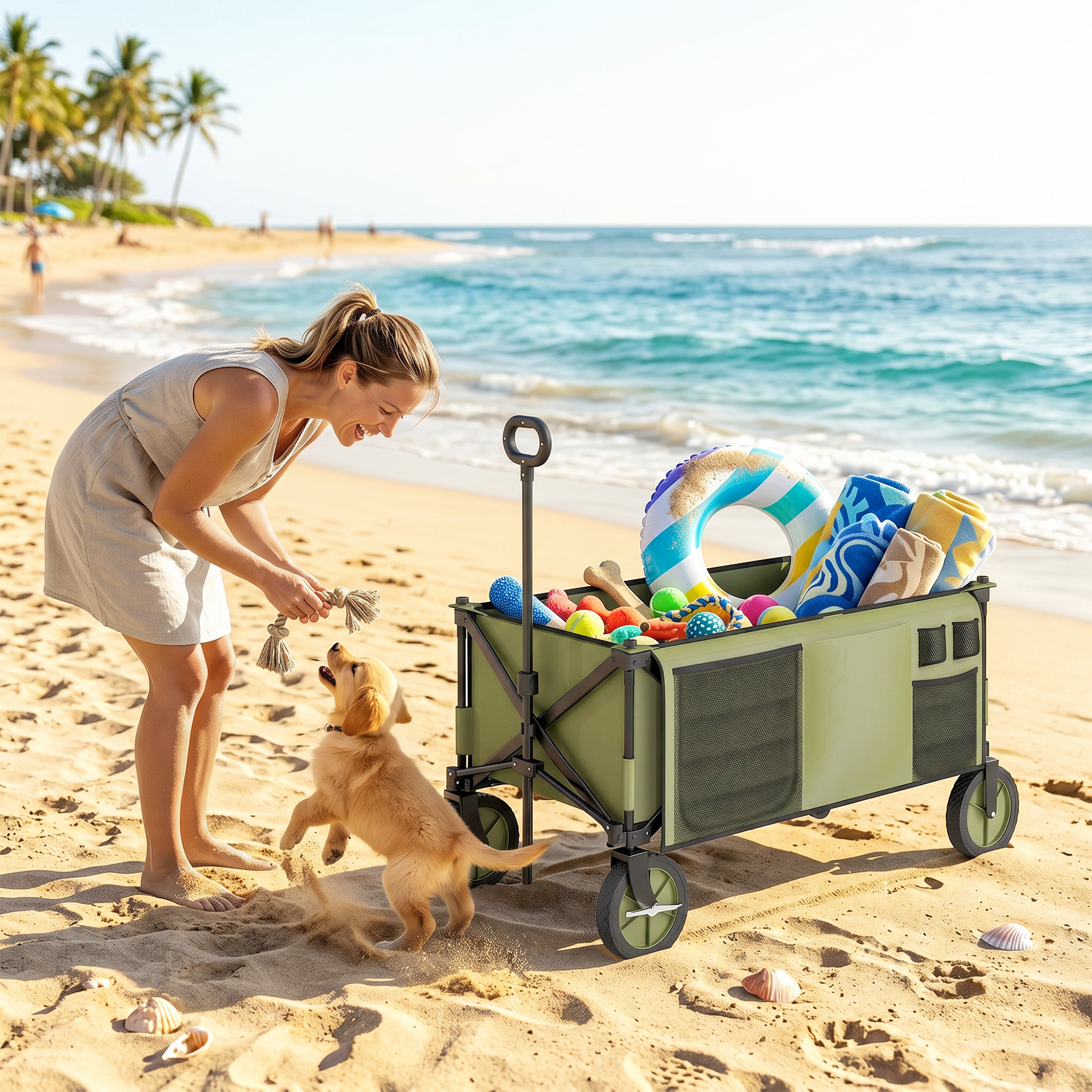 Mujer juega con cachorro en playa junto a un carro lleno. Océano al fondo.