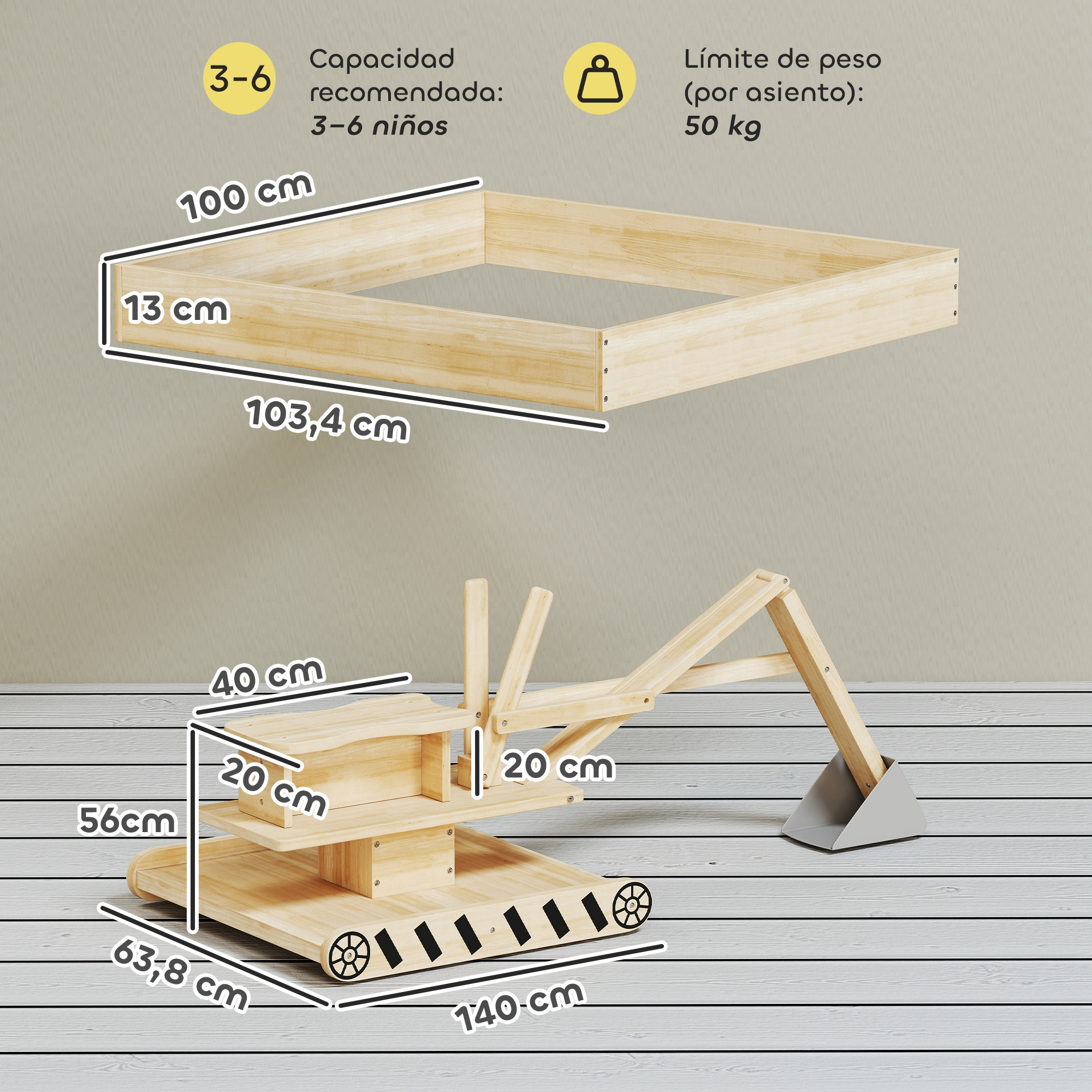 Se muestran un marco de arenero de madera y una excavadora de juguete con medidas.