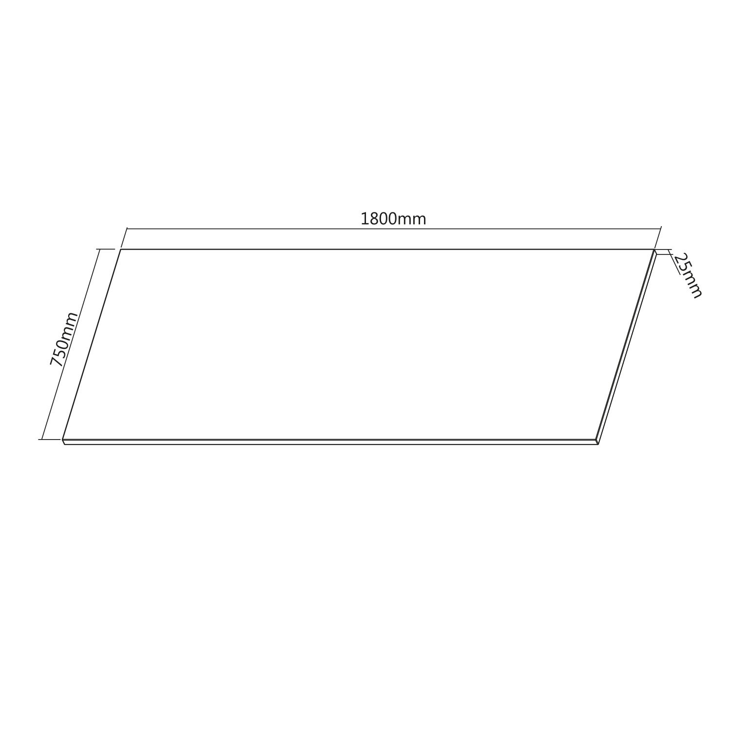 Un esquema de una tabla rectangular de 1800mm x 750mm con un grosor de 25mm.