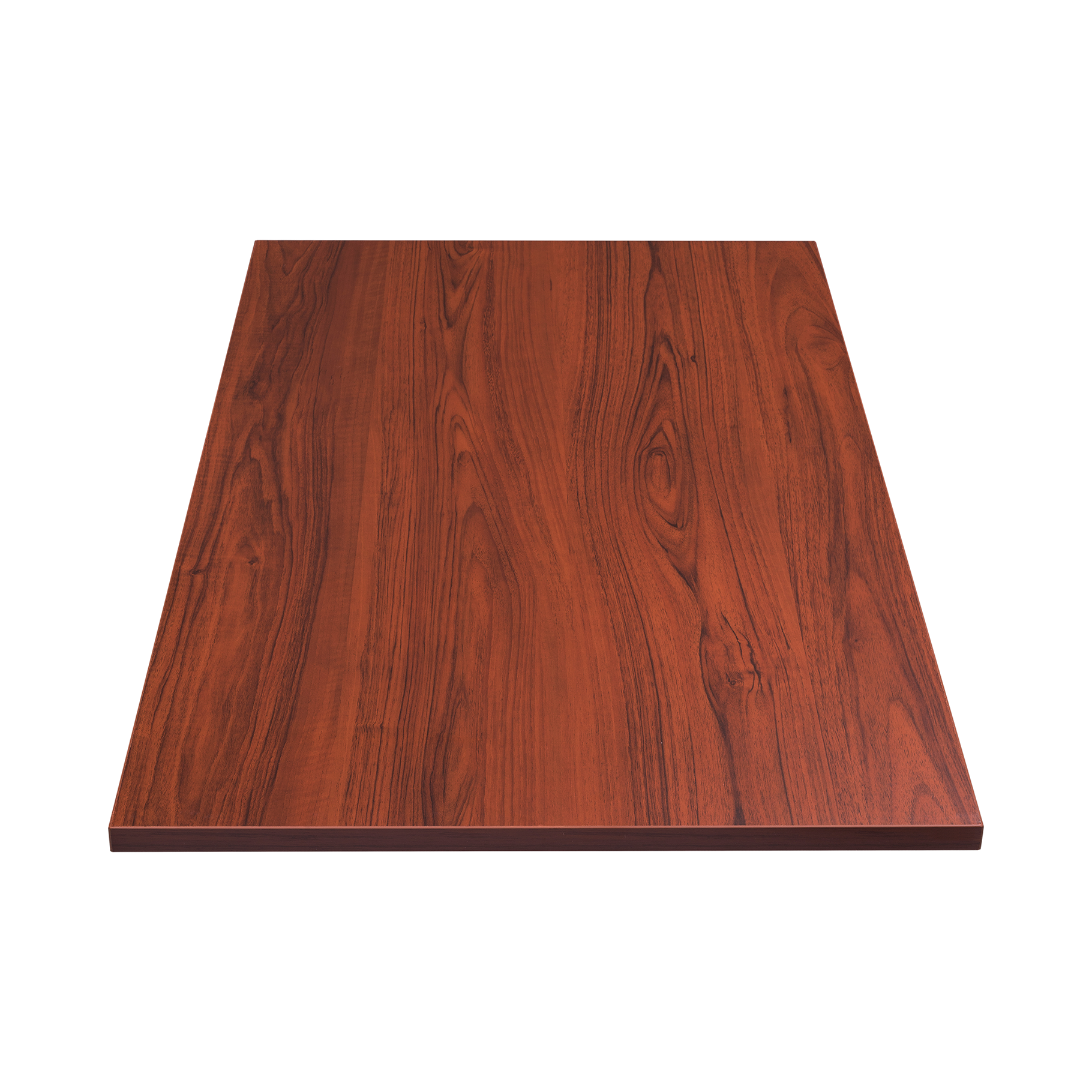 Una mesa de madera marrón con veta visible, aislada sobre blanco.