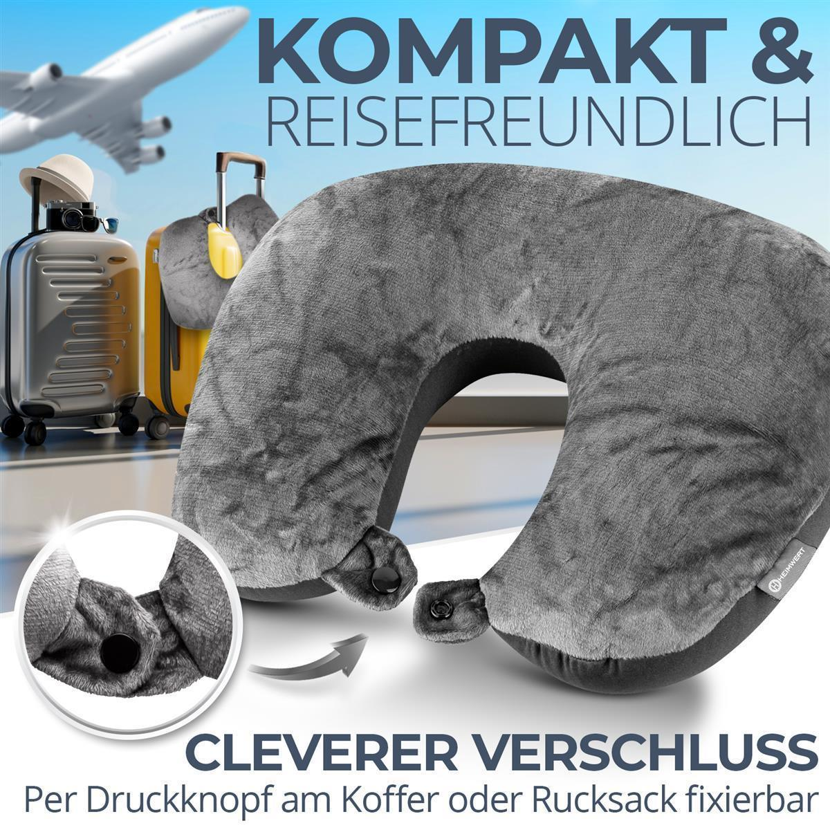 Graues Nackenkissen mit Koffer, Flugzeug und Text.