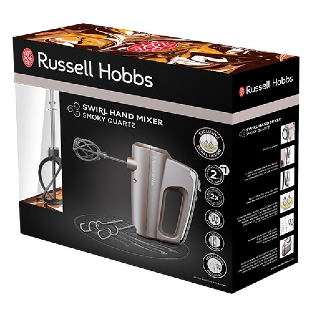 Russell Hobbs Swirl Mikser ręczny Smoky Quartz w srebrnym kolorze na ciemnym opakowaniu.
