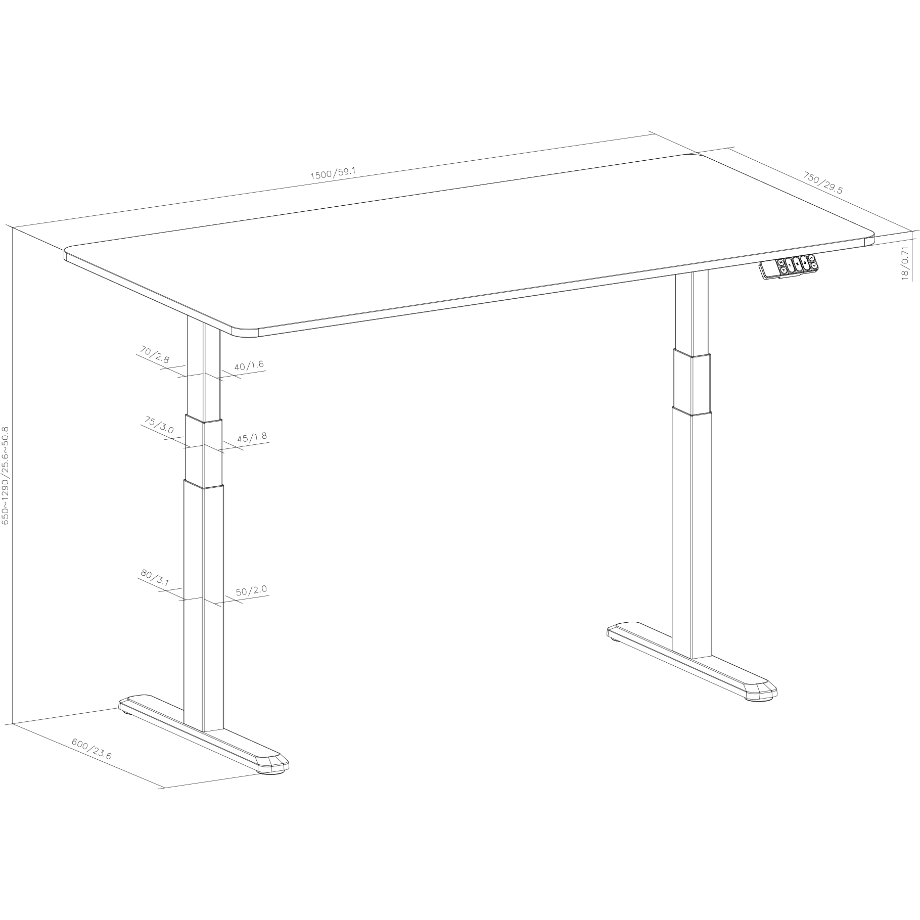 Dibujo técnico de un escritorio de altura regulable con dimensiones.