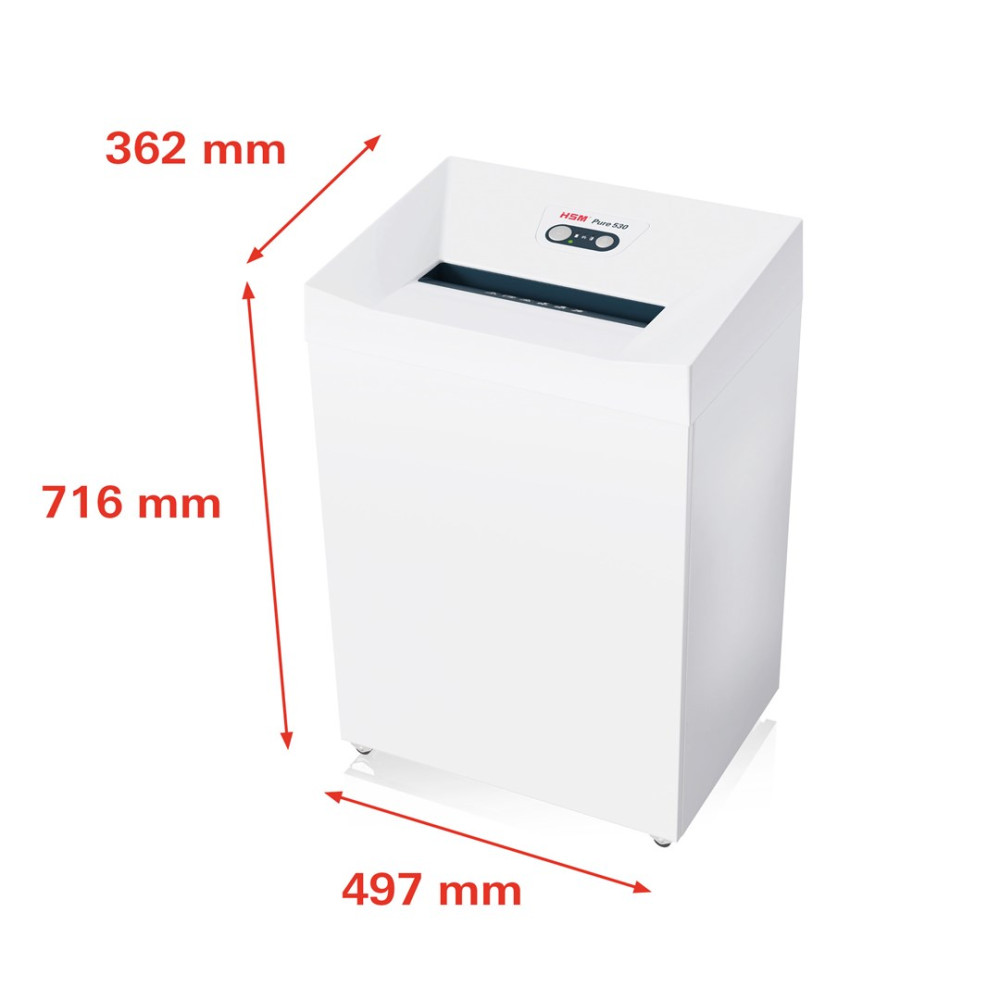 Biała niszczarka do papieru o wymiarach 716x497x362 mm. U góry szczelina.
