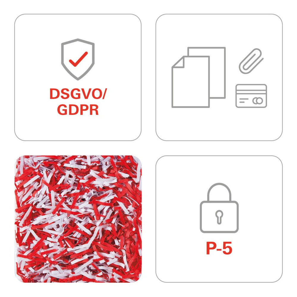 Cztery ikony: RODO, dokumenty, niszczarka, bezpieczeństwo P-5.