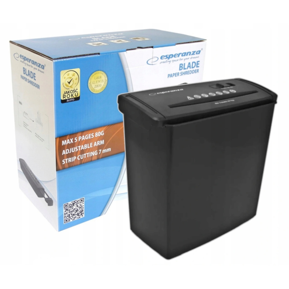 Ein schwarzer Esperanza Aktenvernichter mit Verpackung. Beschriftung: Blade Paper Shredder.