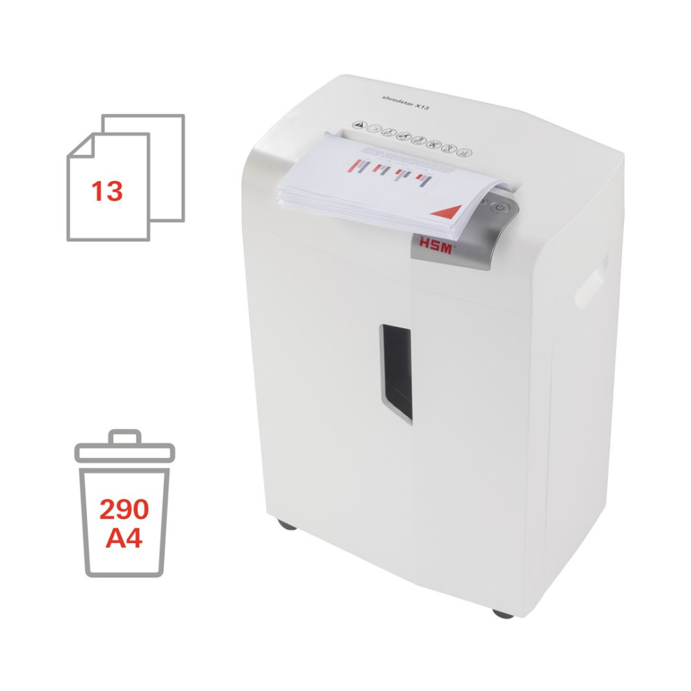 Biała niszczarka do papieru z papierem w szczelinie i ikonami na 13 arkuszy i 290 A4.