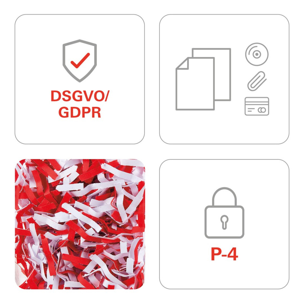Cztery ikony: RODO, dokumenty, płyta CD, spinacz, karta kredytowa, papier pocięty, zamek P-4.
