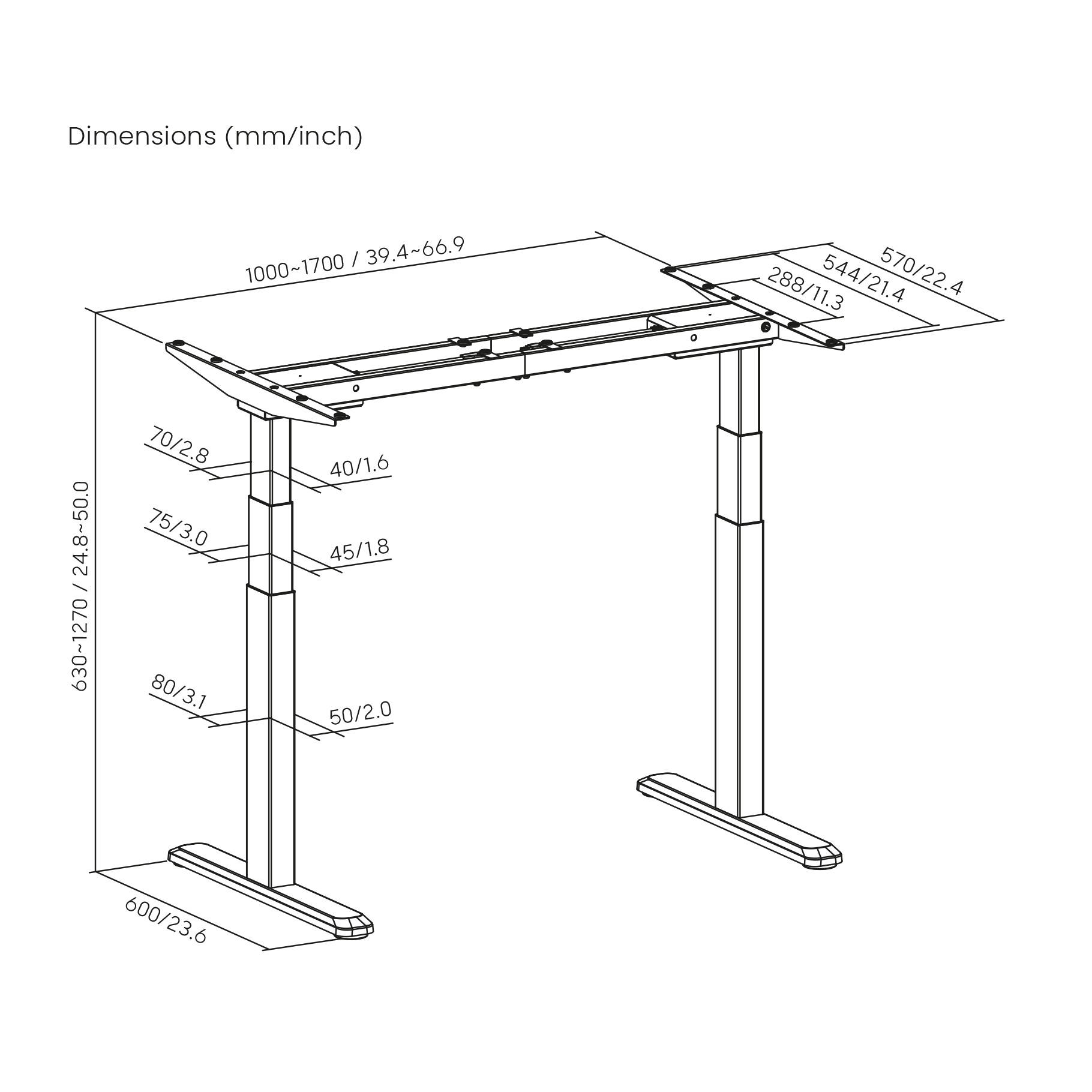 Disegno al tratto di una scrivania regolabile con dimensioni indicate in mm e pollici.