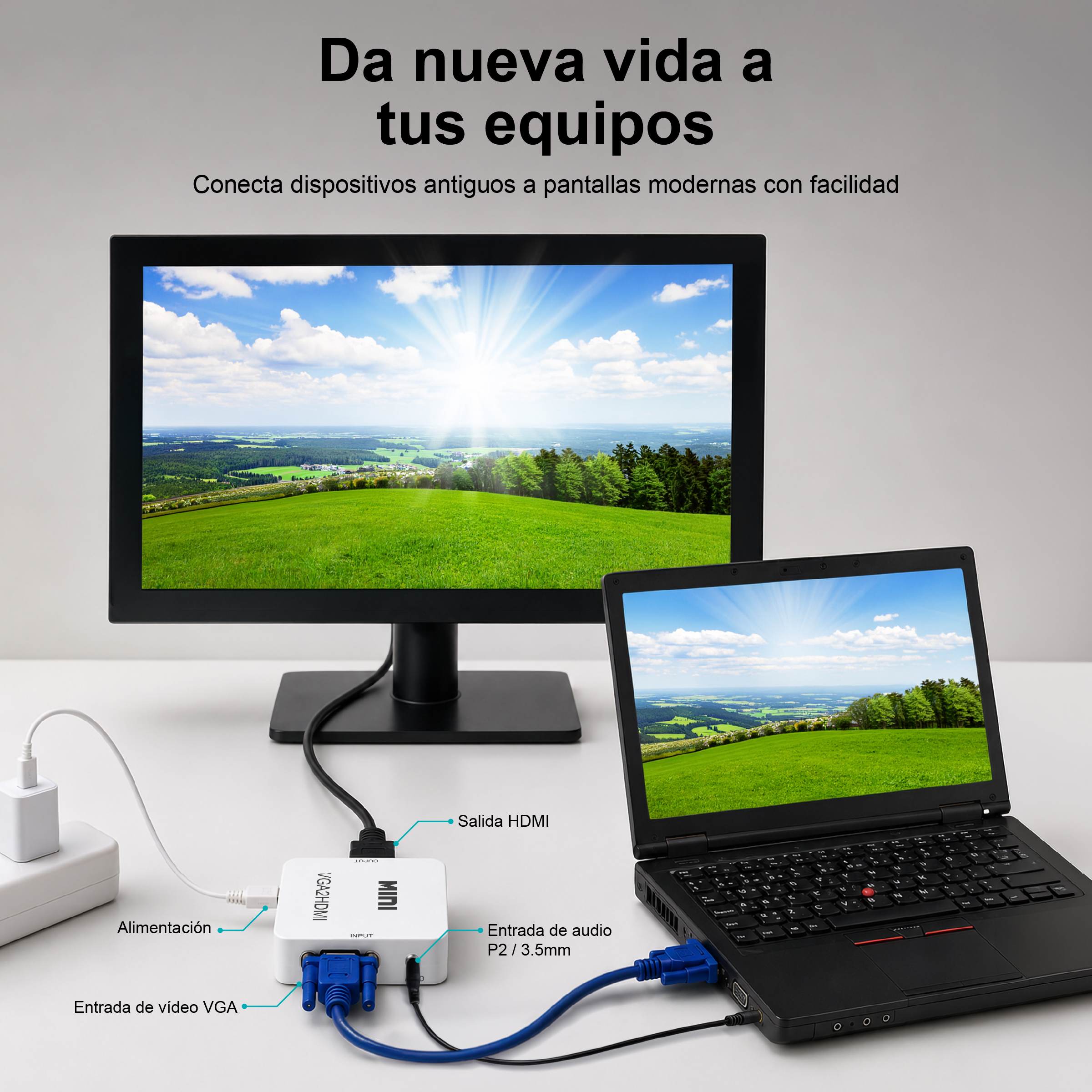 Un portátil y un monitor conectados mediante un convertidor VGA a HDMI. Se muestra la fuente de alimentación.