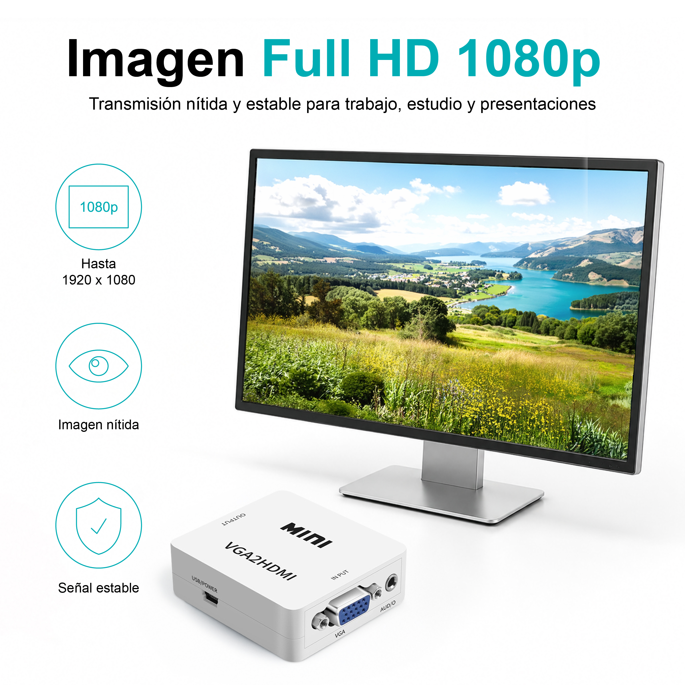 Un monitor muestra un paisaje. A su lado, un adaptador VGA a HDMI.