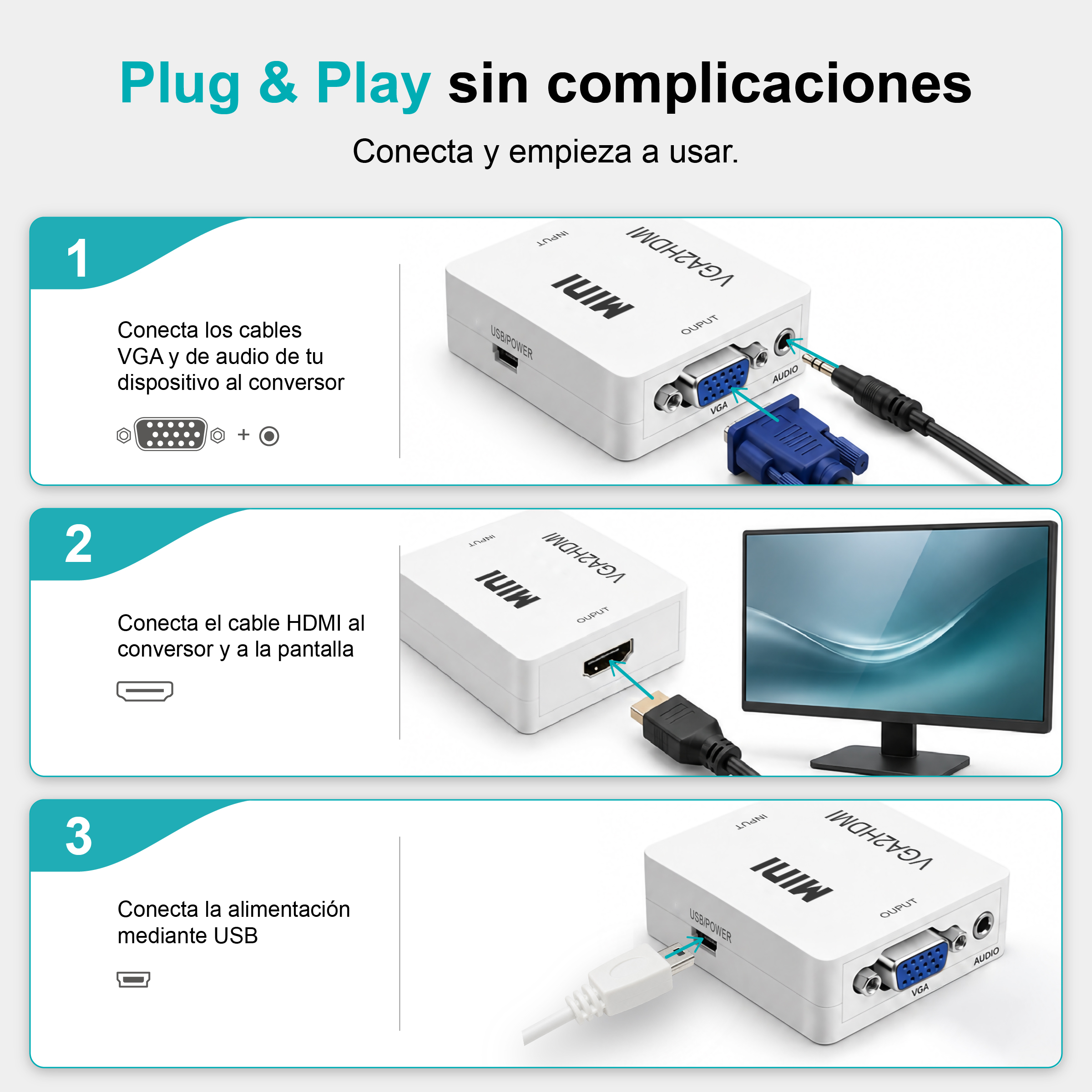 El diagrama muestra 3 pasos: conectar VGA/audio, conectar HDMI, conectar alimentación USB.
